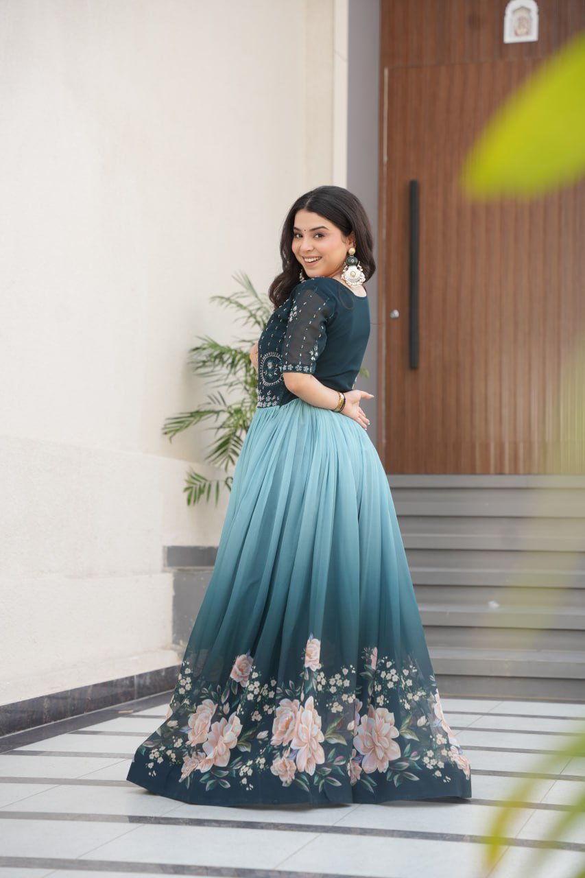 Women's Elegant Teal & Aqua Ombre Gown with Floral Printed Flair & Embellished Bodice β Perfect for Summer Festivities & Parties - Image 7