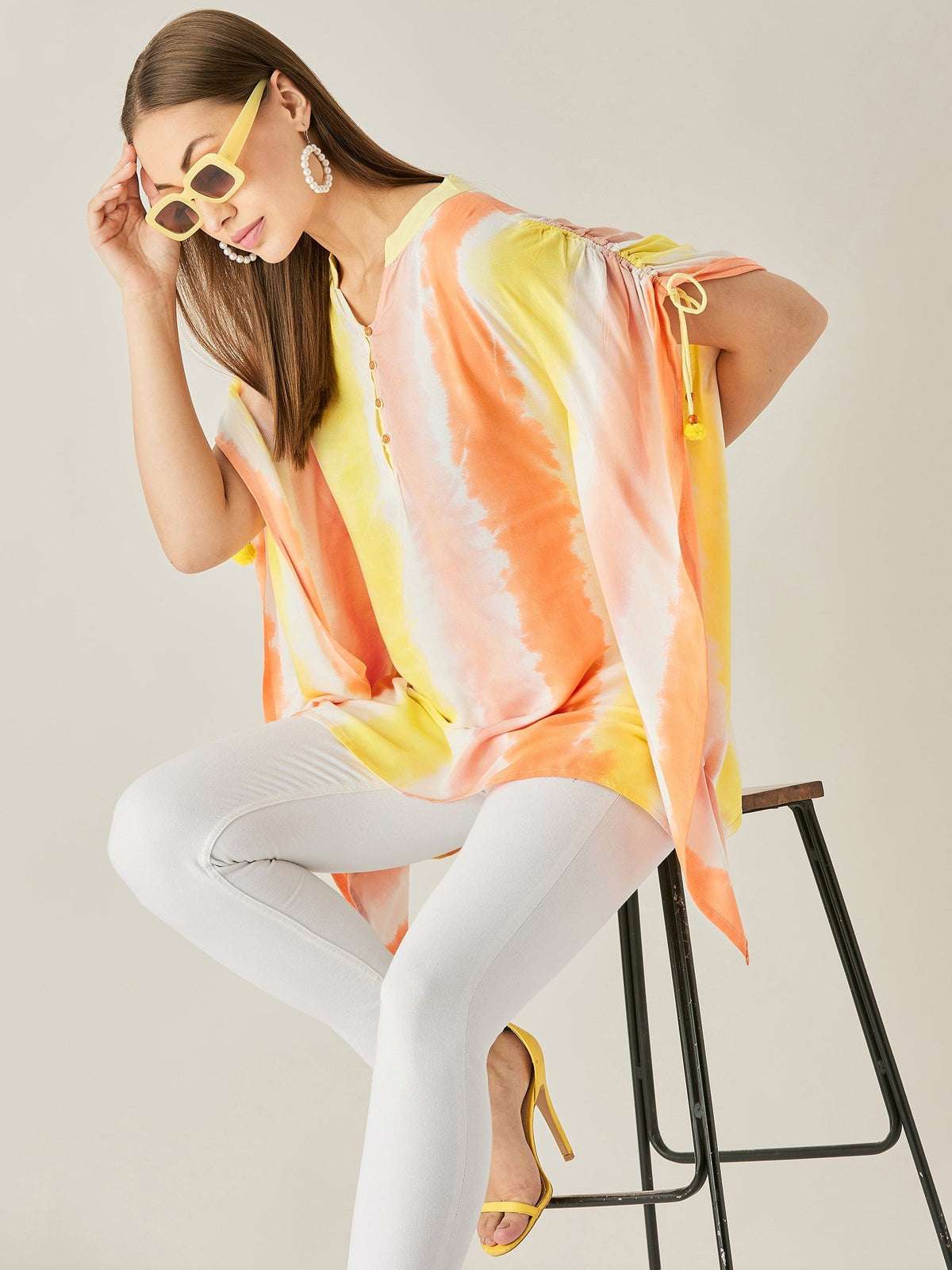 Women's Cotton Tie Dye Print Knee Length Mock Neck, Long Sleeve Kaftan Drees ( Multicolor ) - Image 5