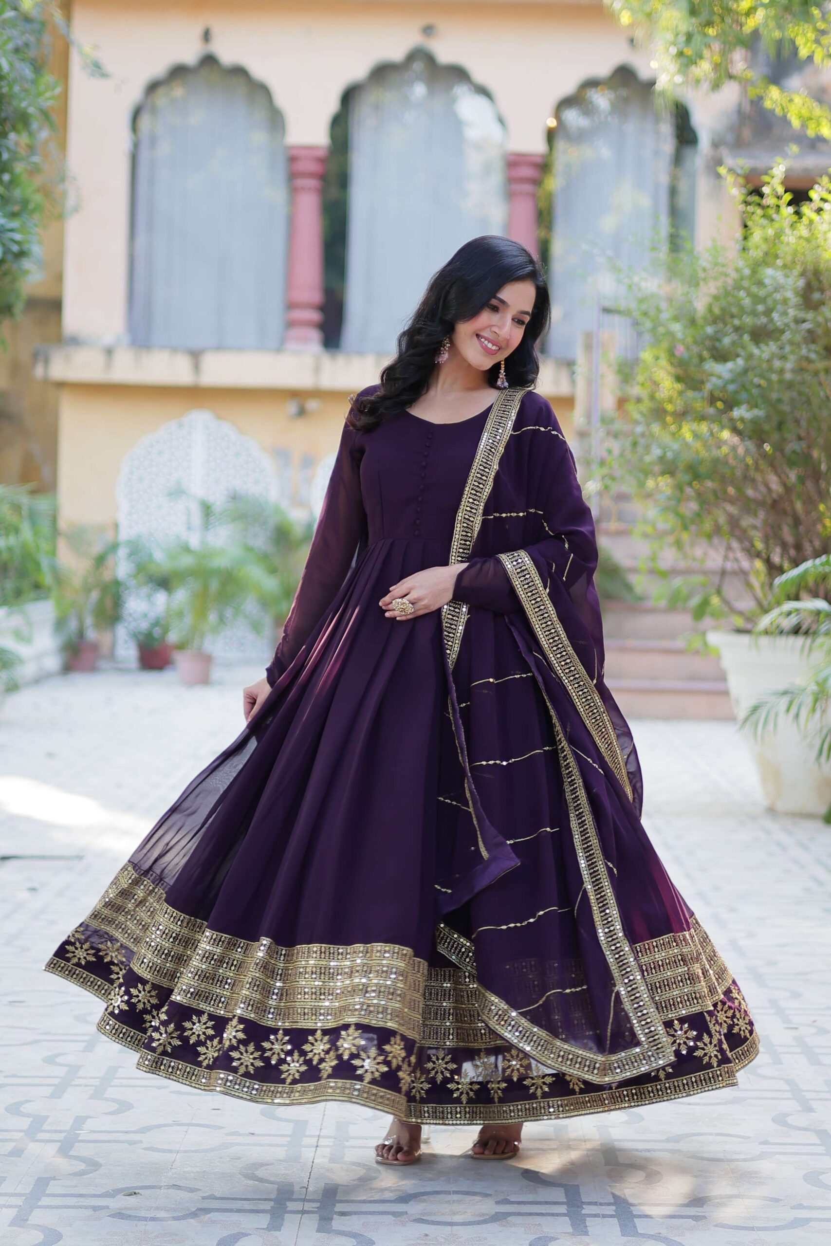 Wine Faux Blooming Gown with Multi-Sequins Embroidered Dupatta