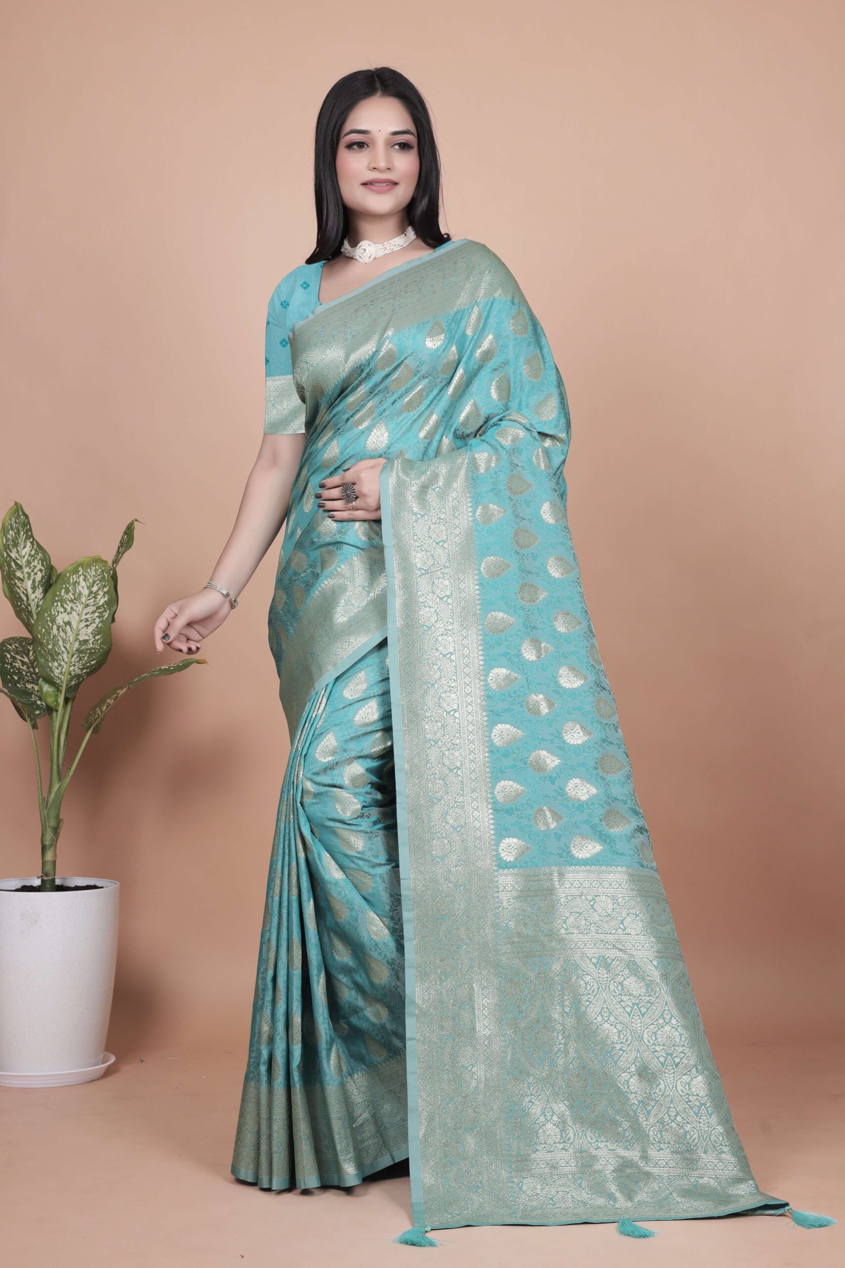Sky Blue Banarasi Silk Saree with Silver Zari Butti | Ornate Pallu & Border | Wedding, Festive & Traditional Wear