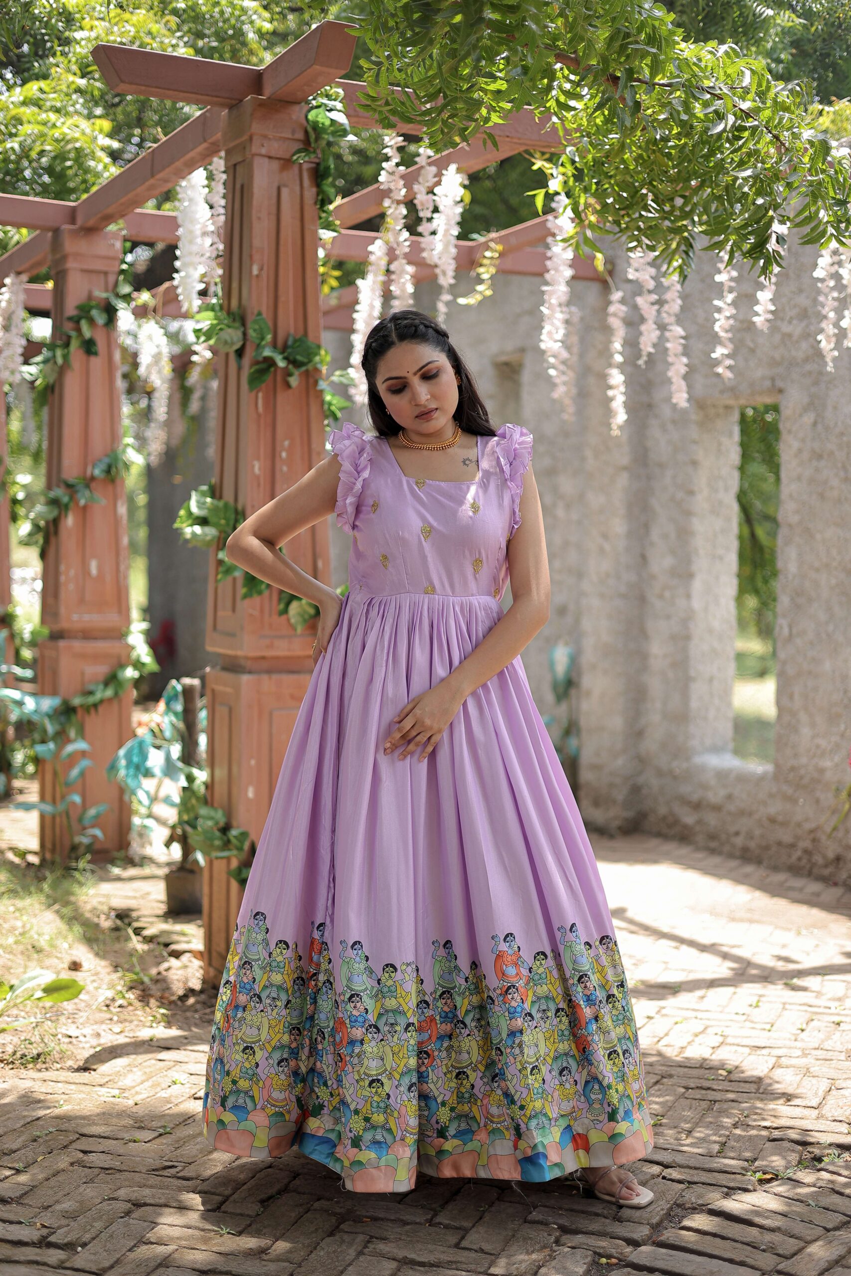 Purple Designer Dola Silk Printed Gown ? Sleeveless Fancy Square Neck Ready-to-Wear Dress - Image 3