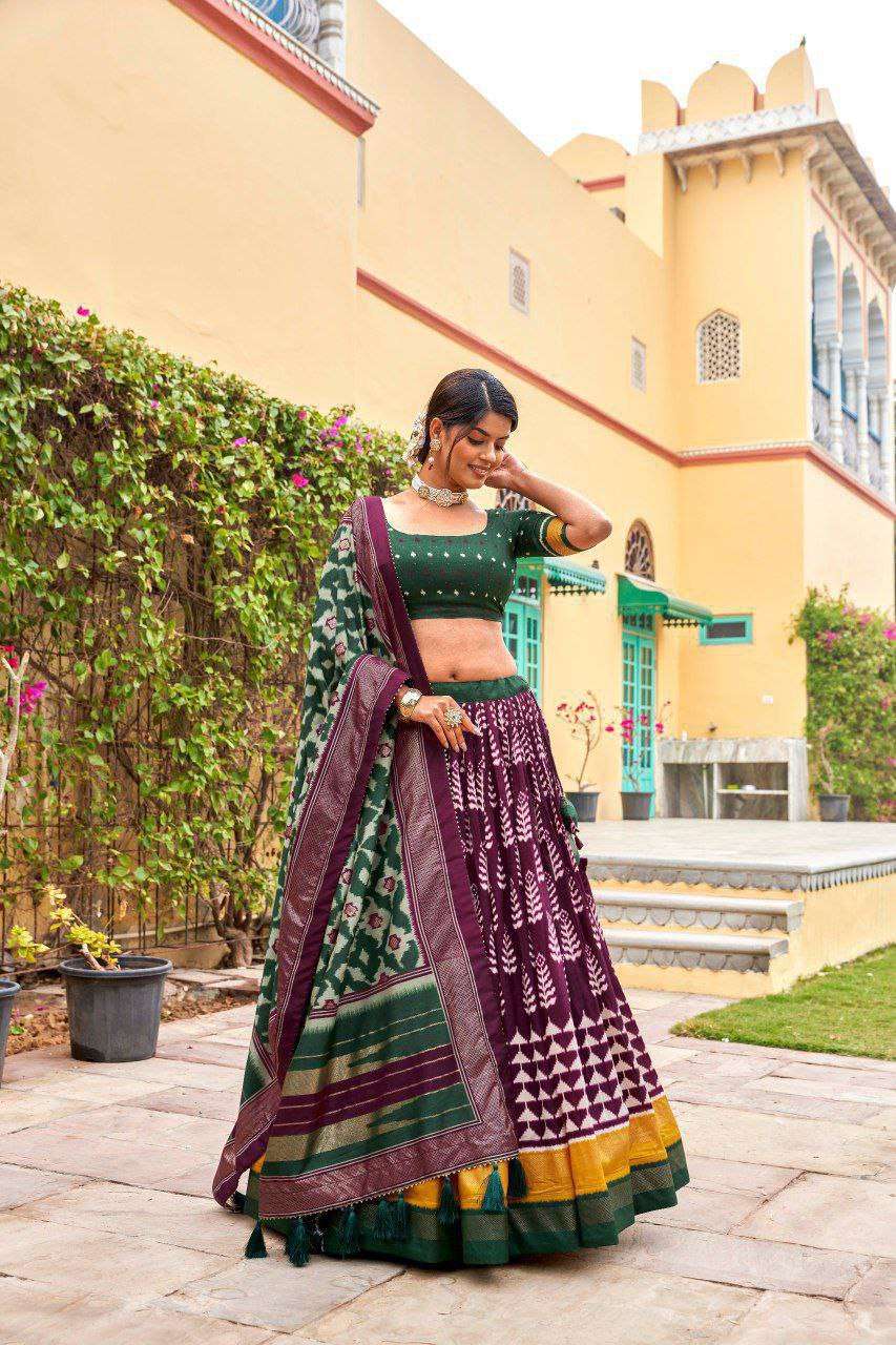 Dark Green Dola Silk Lehenga Choli with Maroon Blouse | Patola Print & Foil Work | Wedding & Festive Wear - Image 2