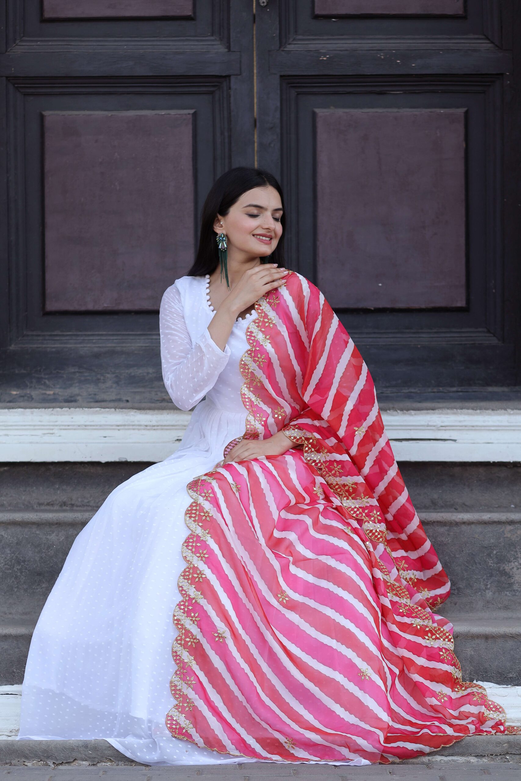 Elegant Pink Georgette Gown with Organza Dupatta ? Designer Kalamkari & Leheriya Print Ensemble - Image 5