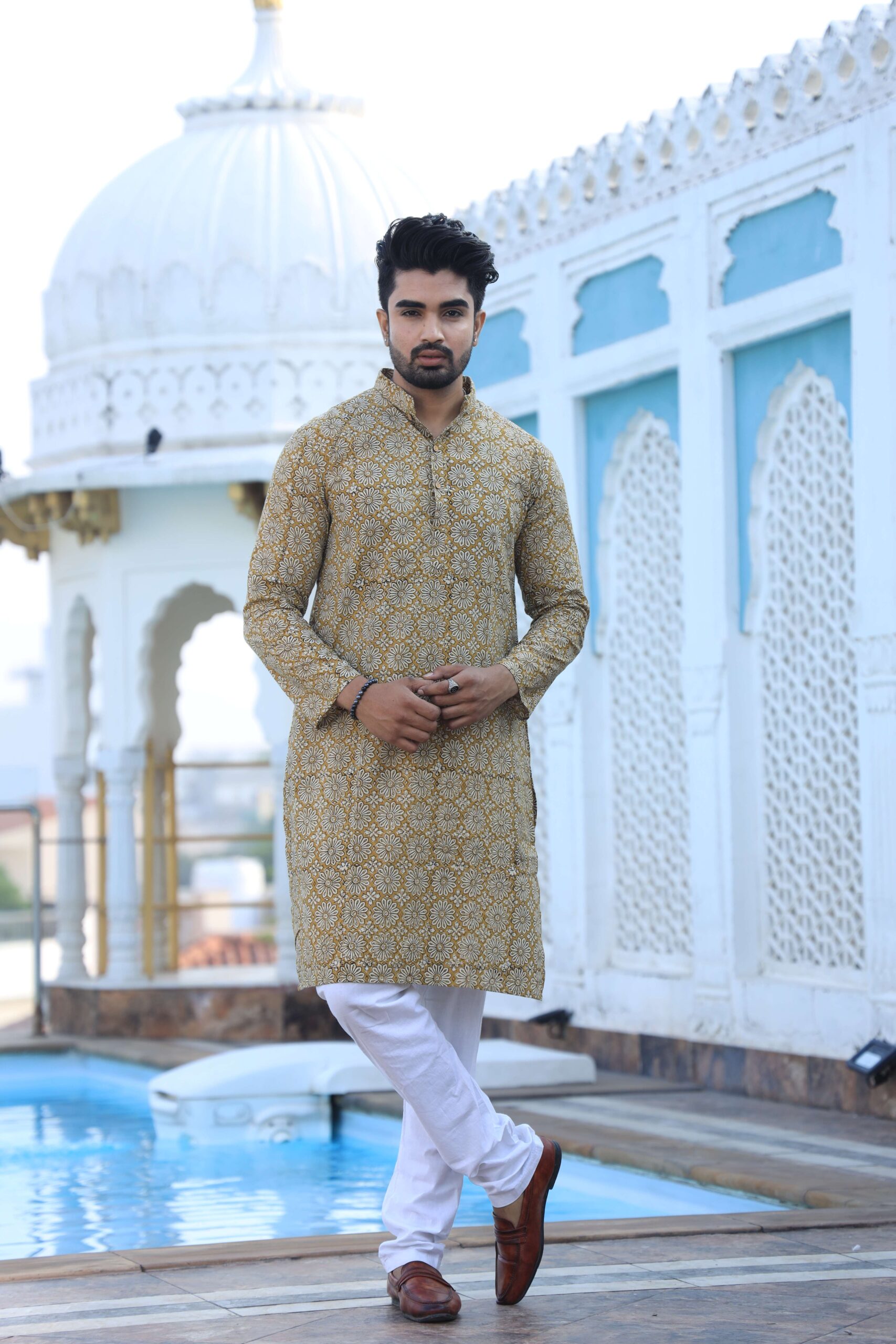 Mens Mustard Yellow Handblock Printed Cotton Kurta with White Pajama ? Traditional Festive Wear - Image 4