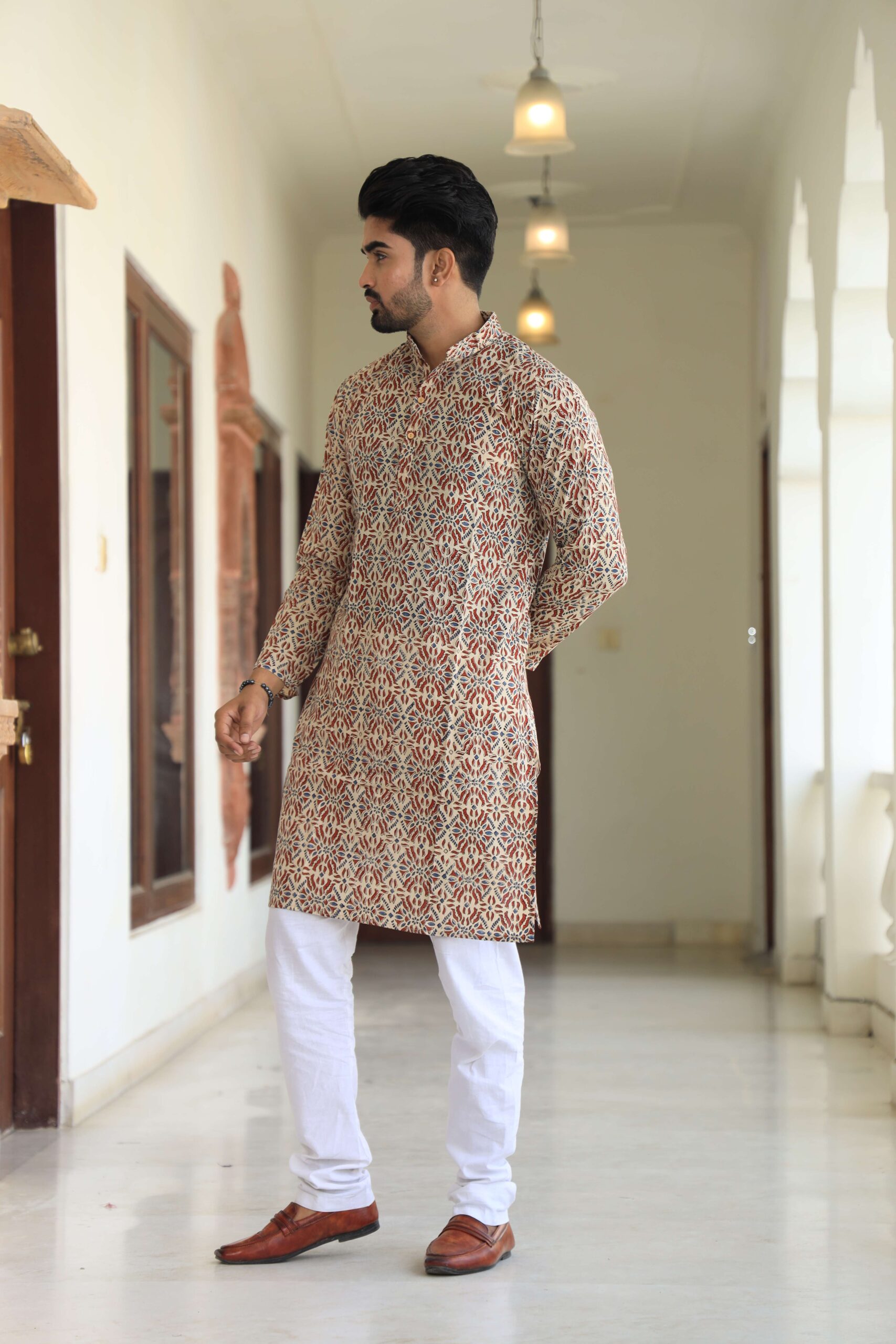 Mens Beige Multicolor Printed Cotton Kurta with White Pajama ? Traditional Ethnic Wear for Festive & Wedding - Image 3