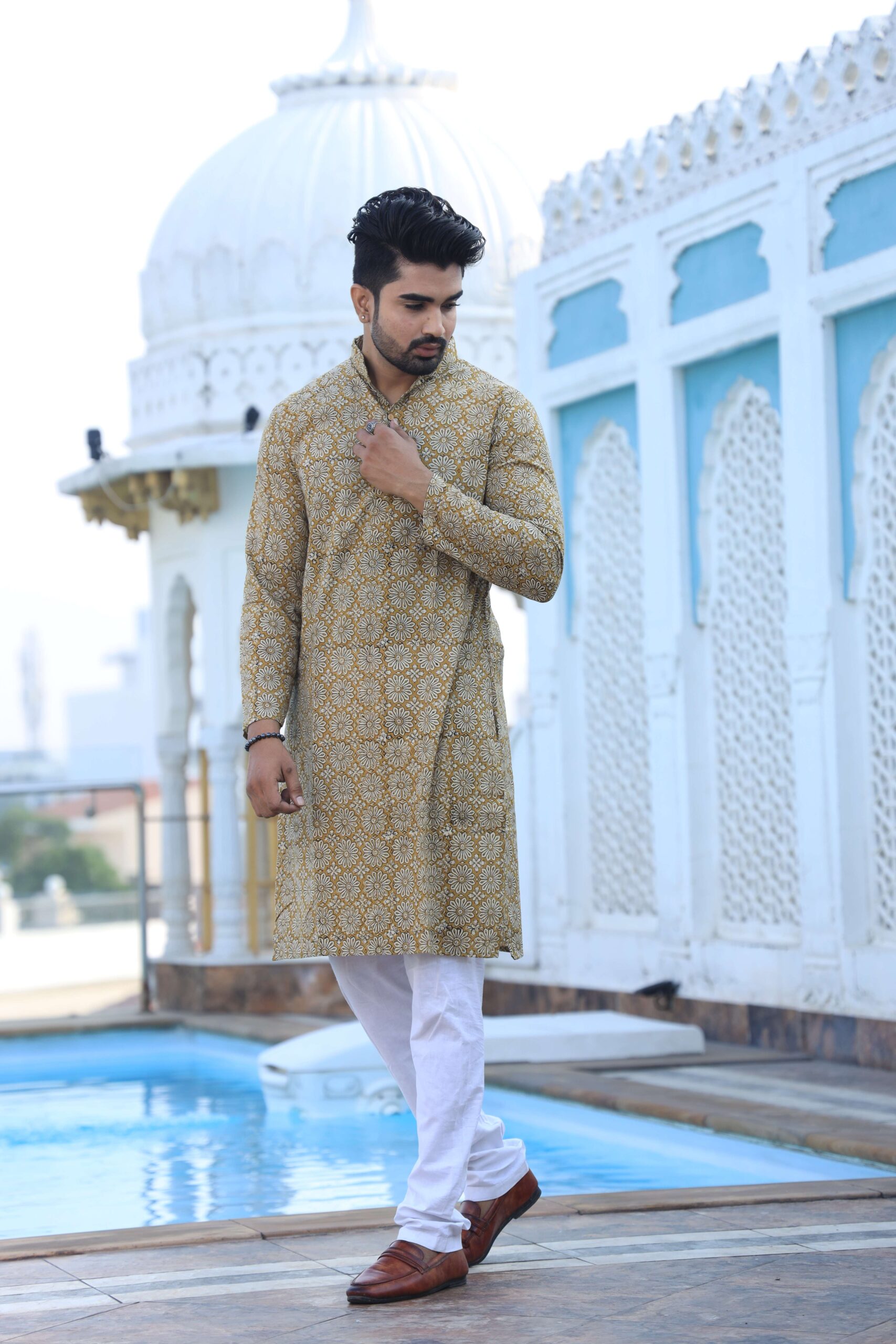 Mens Mustard Yellow Handblock Printed Cotton Kurta with White Pajama ? Traditional Festive Wear - Image 5