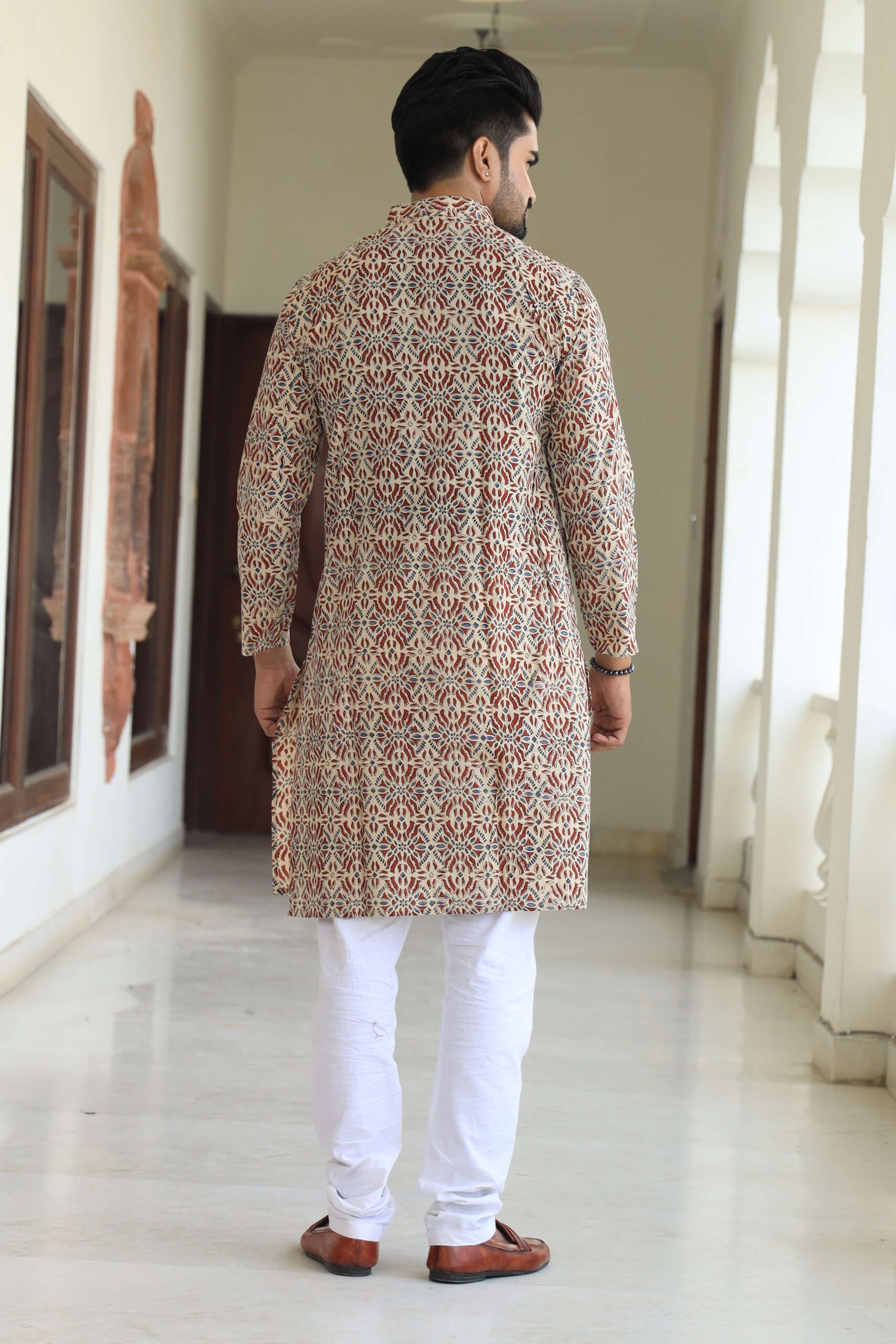Mens Beige Multicolor Printed Cotton Kurta with White Pajama ? Traditional Ethnic Wear for Festive & Wedding - Image 2