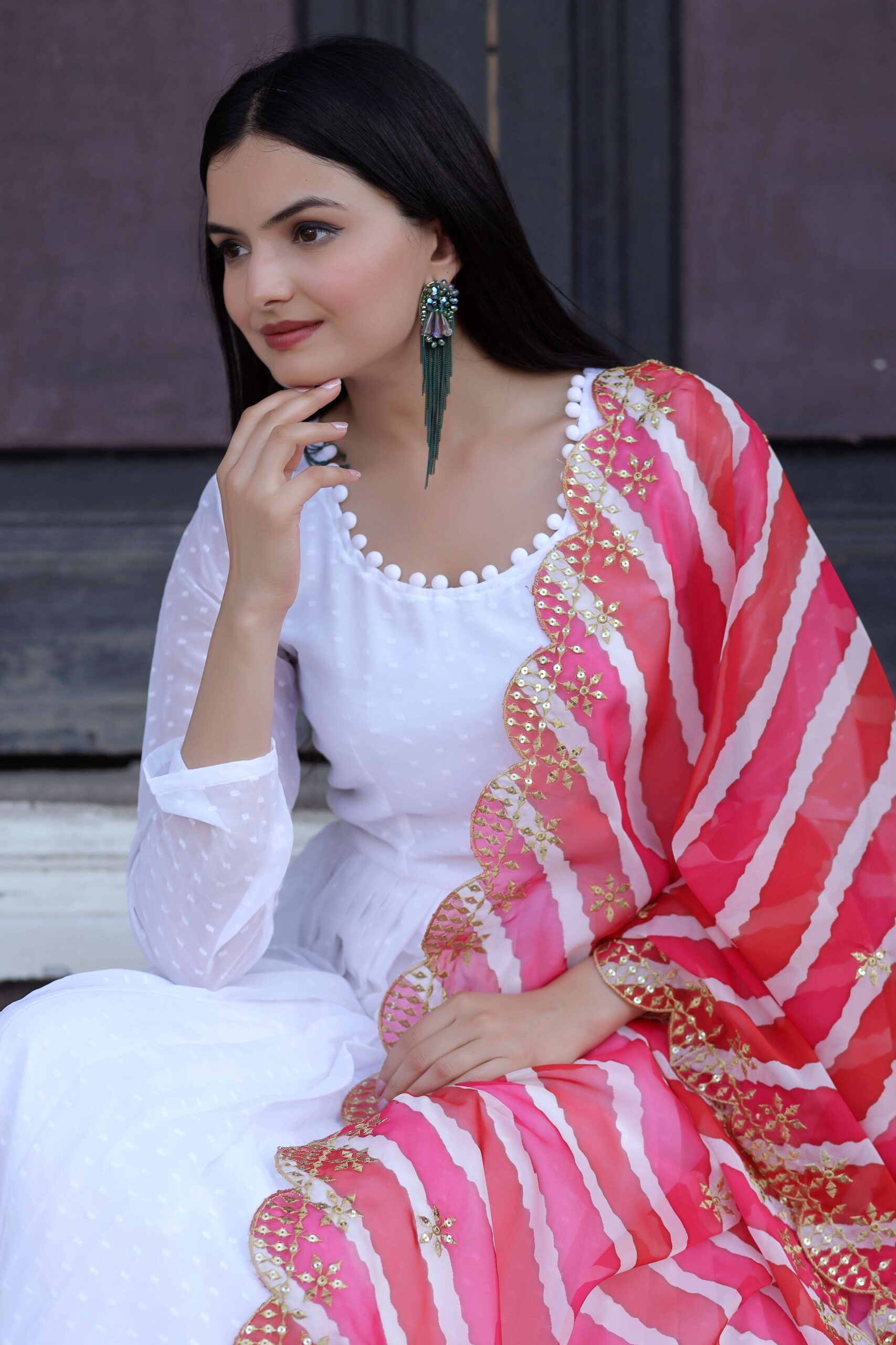 Elegant Pink Georgette Gown with Organza Dupatta ? Designer Kalamkari & Leheriya Print Ensemble - Image 2