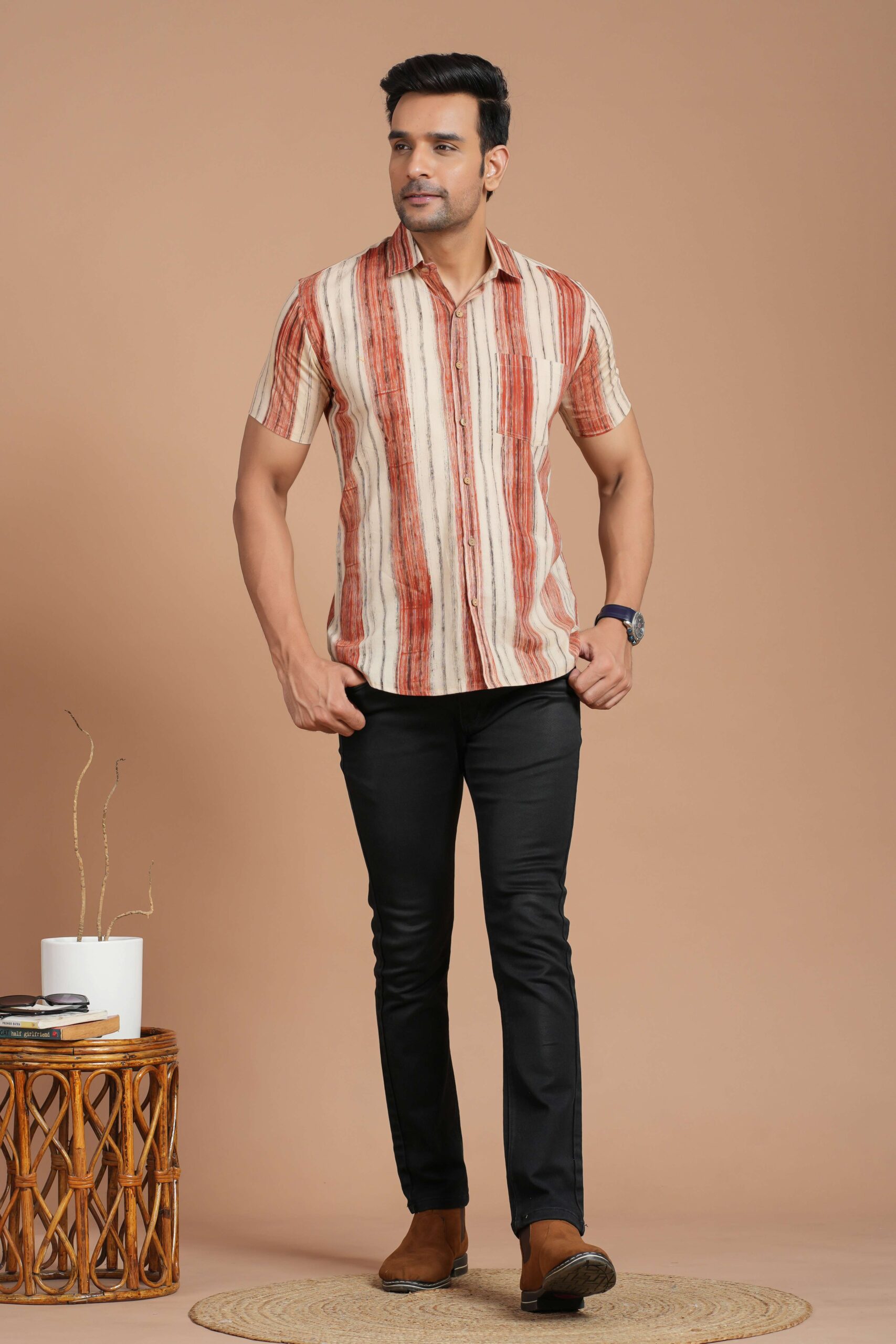 Men's Cotton Beige & Rust Striped Short-Sleeve Shirt ? Casual Summer Wear - Image 3