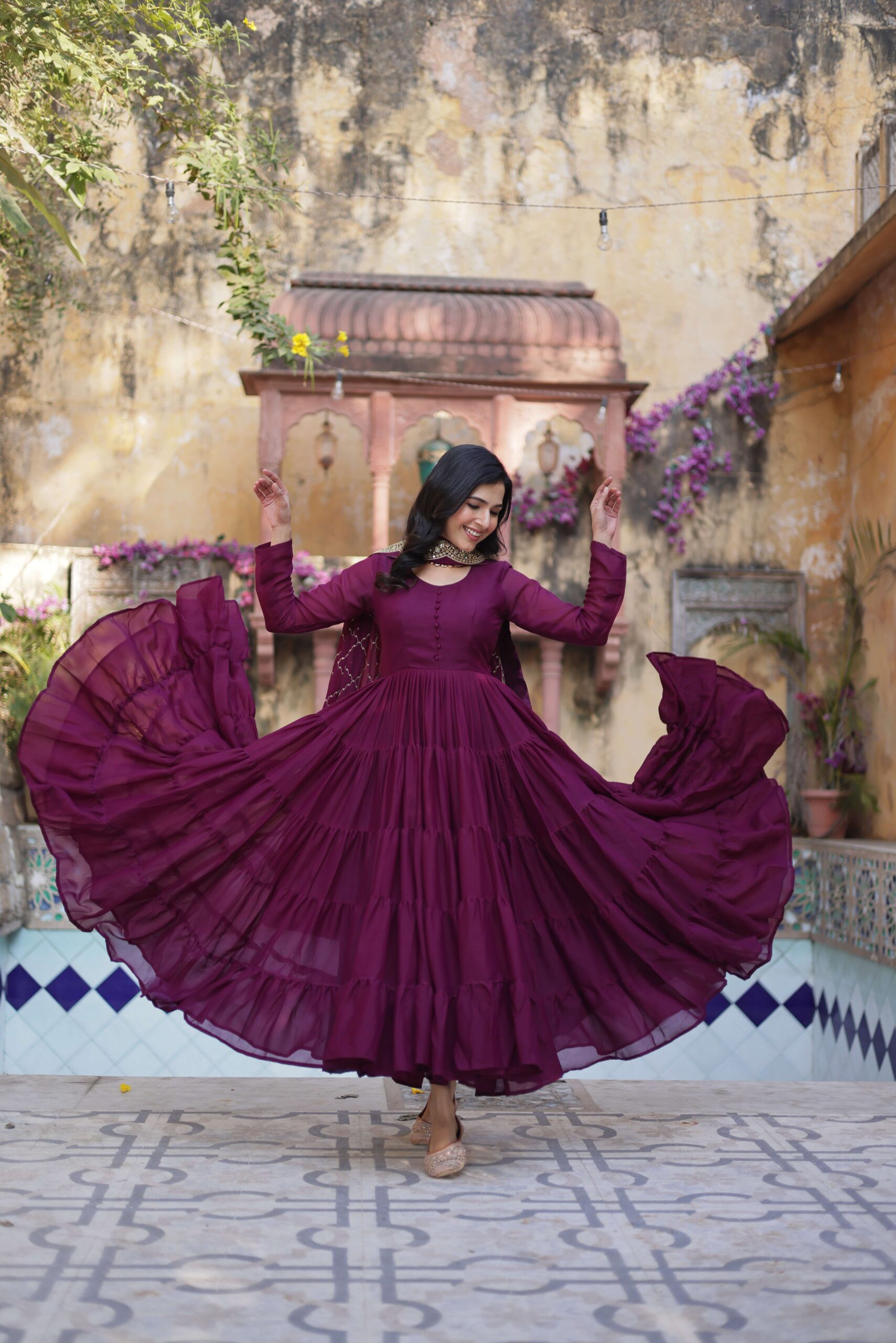 Wine Star Georgette Fully Flared Gown with Sequins Embroidered Dupatta - Image 2