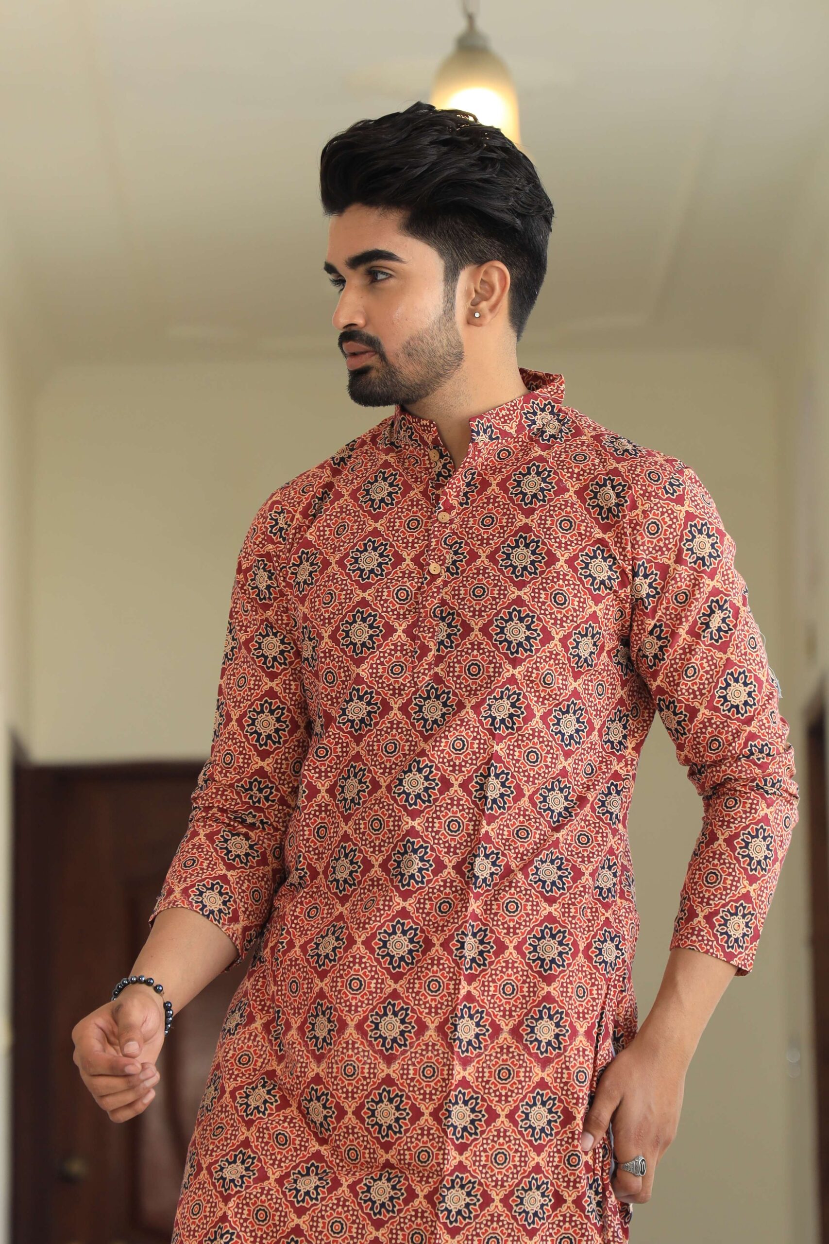 Mens Red Printed Cotton Kurta with White Pajama ? Ethnic Wear for Weddings & Festivals - Image 5