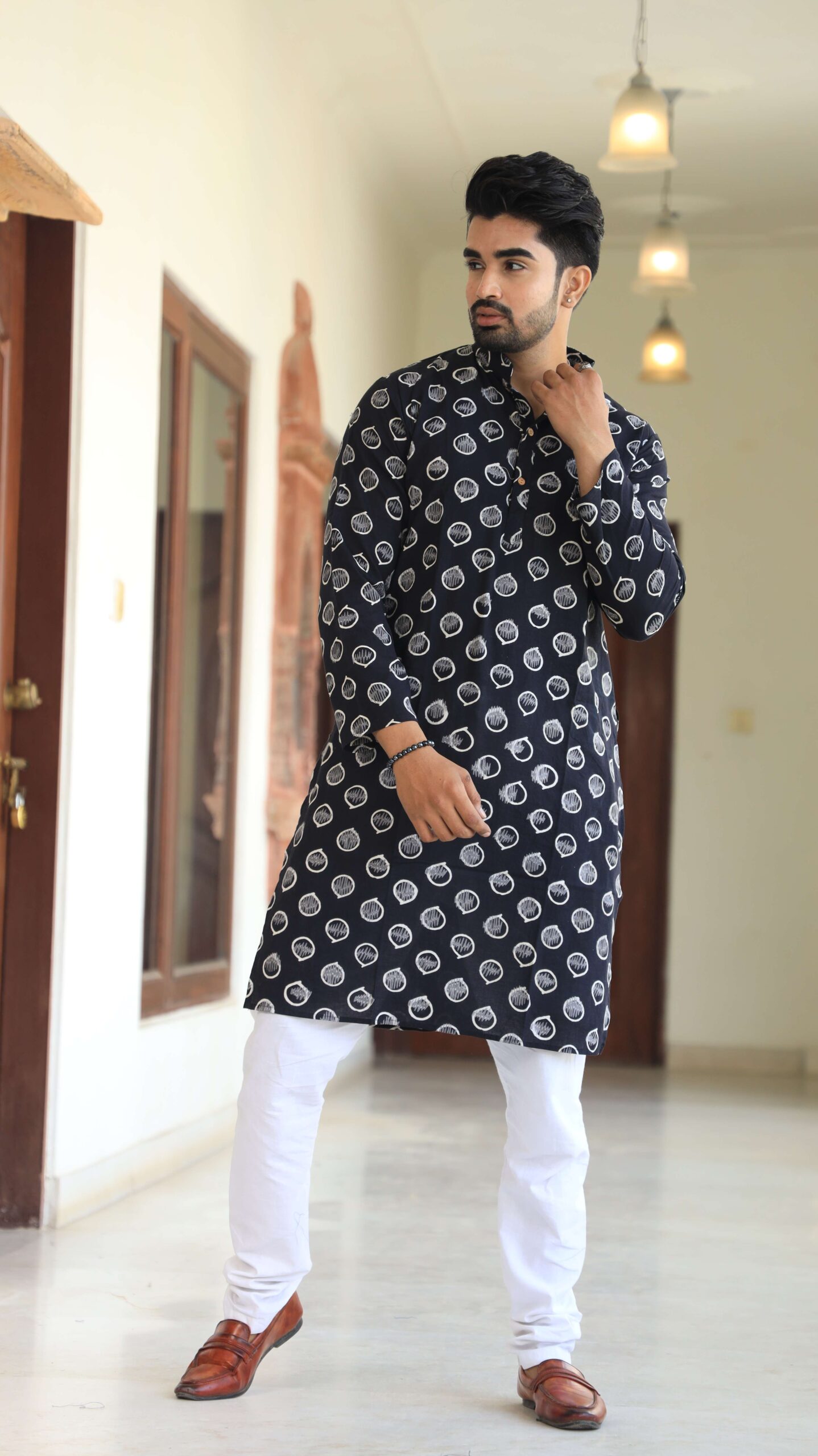 Mens Black Printed Cotton Kurta with White Pajama ? Traditional Ethnic Wear for Festive & Wedding - Image 2