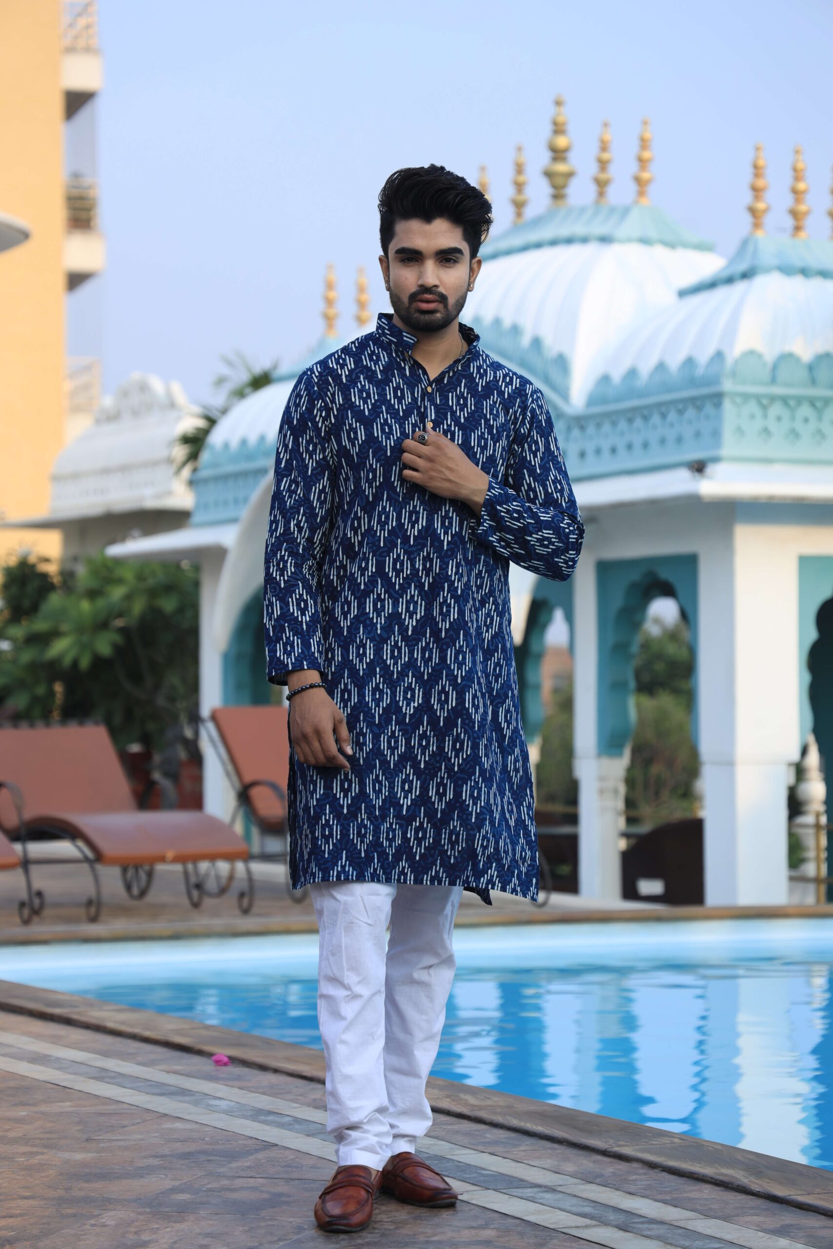Mens Blue Printed Cotton Kurta with White Pajama ? Elegant Traditional & Ethnic Wear - Image 3