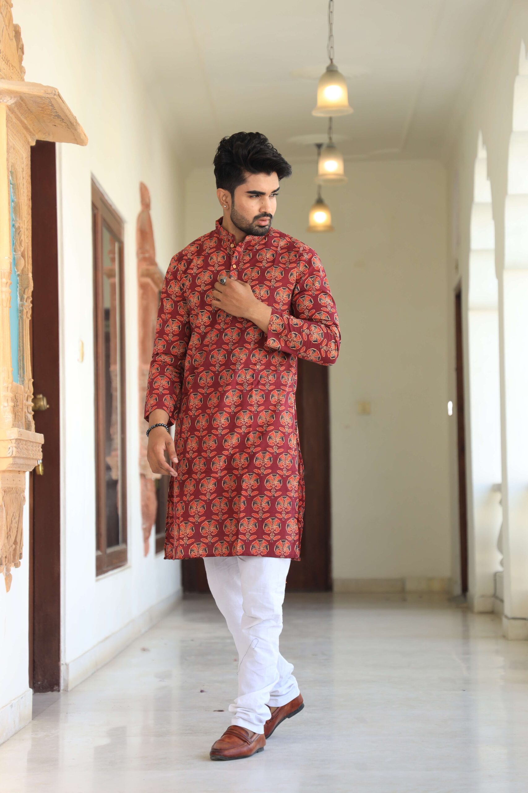 Mens Red Printed Cotton Kurta with White Pajama ? Ethnic Wear for Weddings & Festivals - Image 2