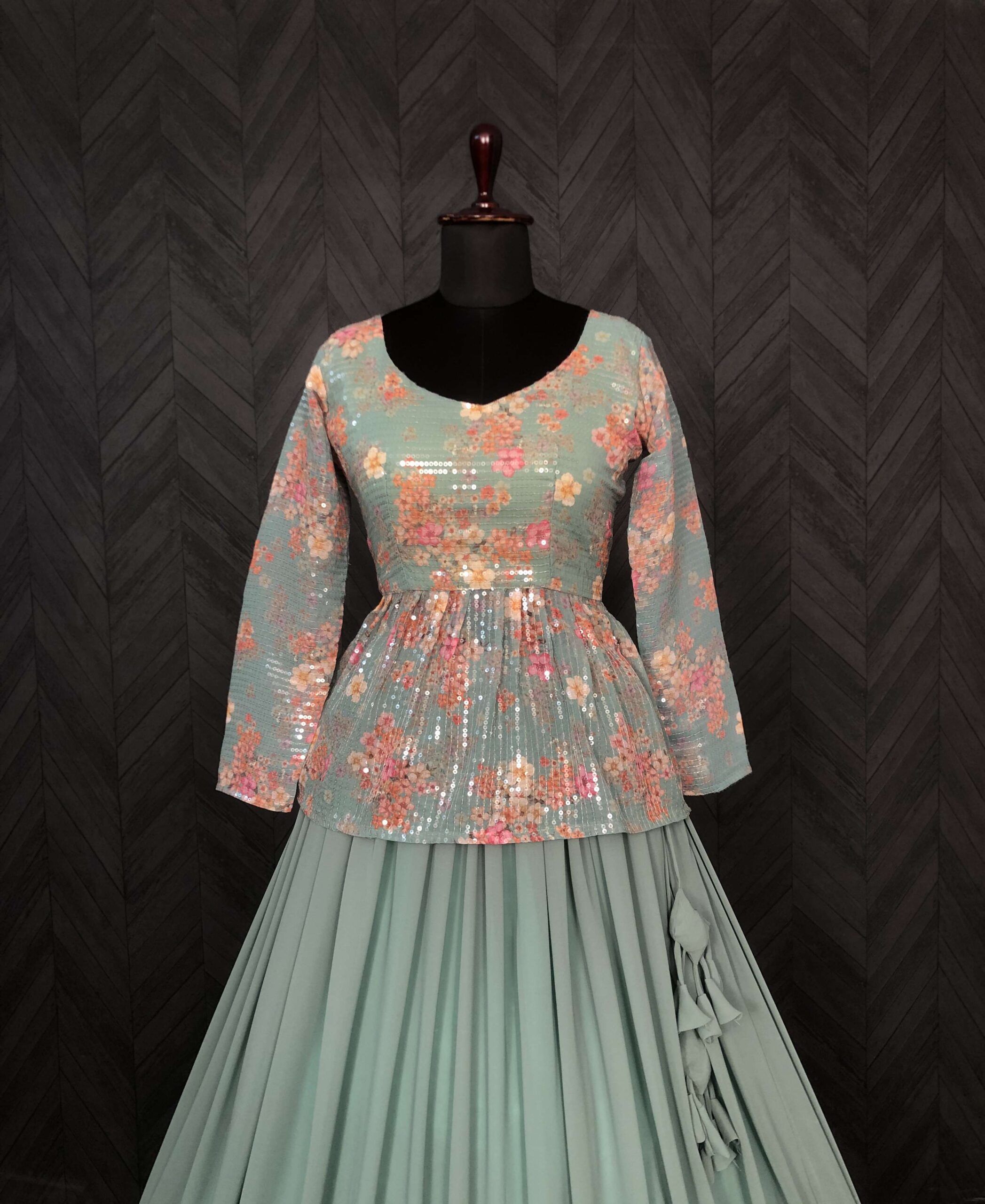 Premium Faux Georgette Lehenga with Floral Print & Sequins Embroidered Blouse - Image 2