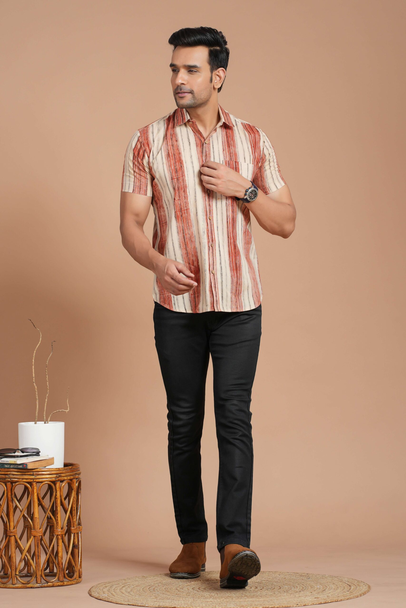 Men's Cotton Beige & Rust Striped Short-Sleeve Shirt ? Casual Summer Wear