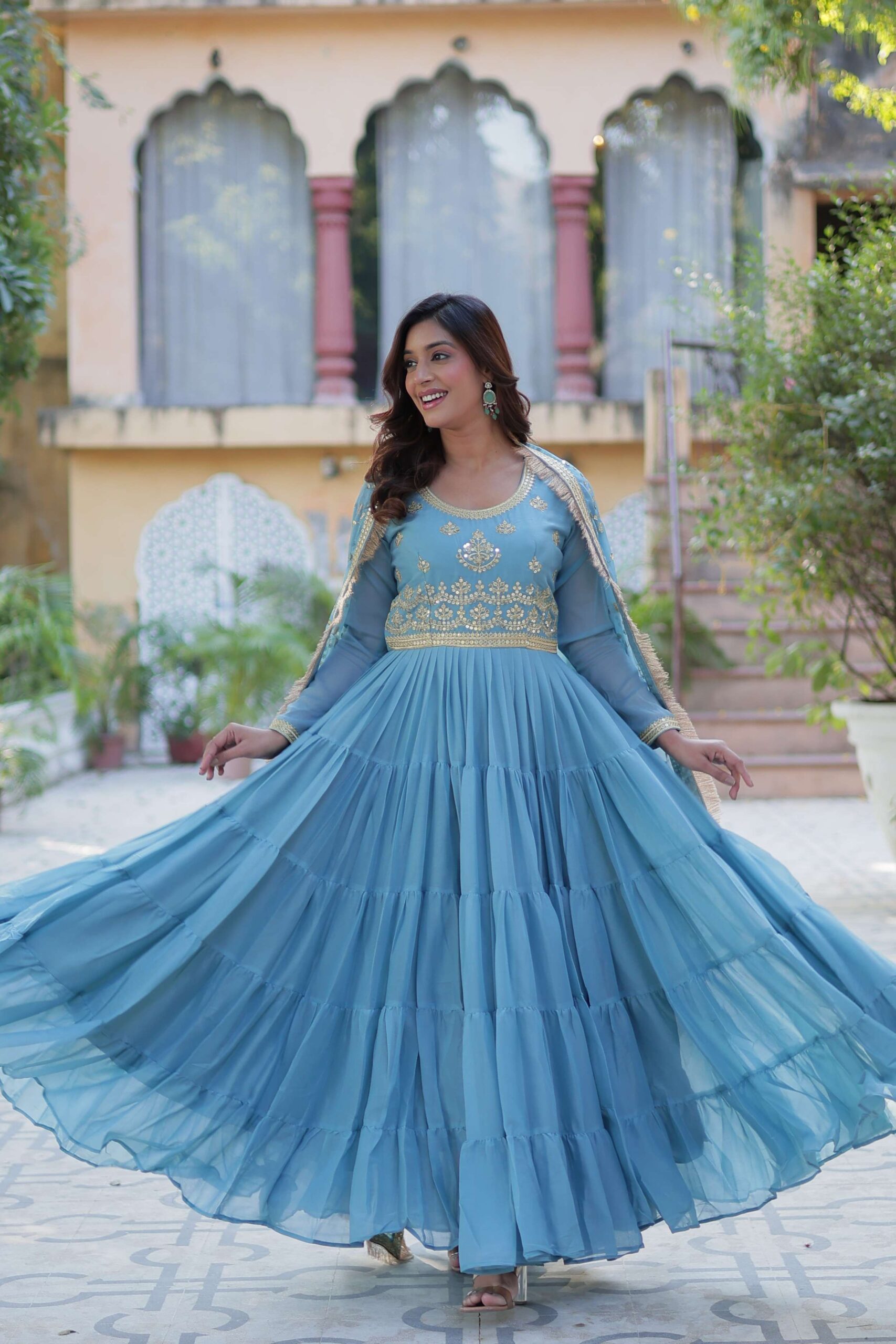 Sky Star Georgette Fully Flared Gown with Sequins Embroidered Dupatta & Lace Border - Image 7