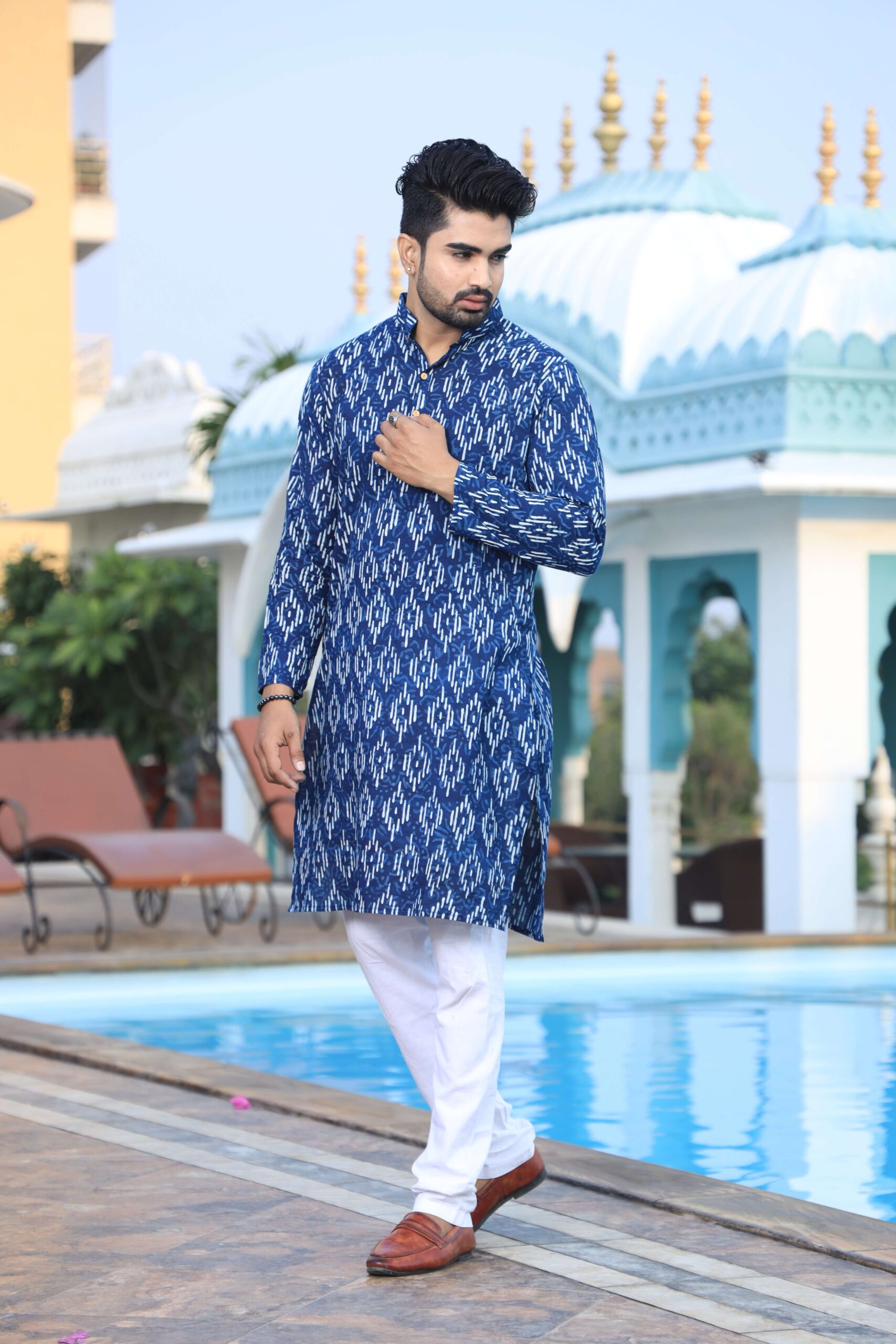 Mens Blue Printed Cotton Kurta with White Pajama ? Elegant Traditional & Ethnic Wear - Image 4