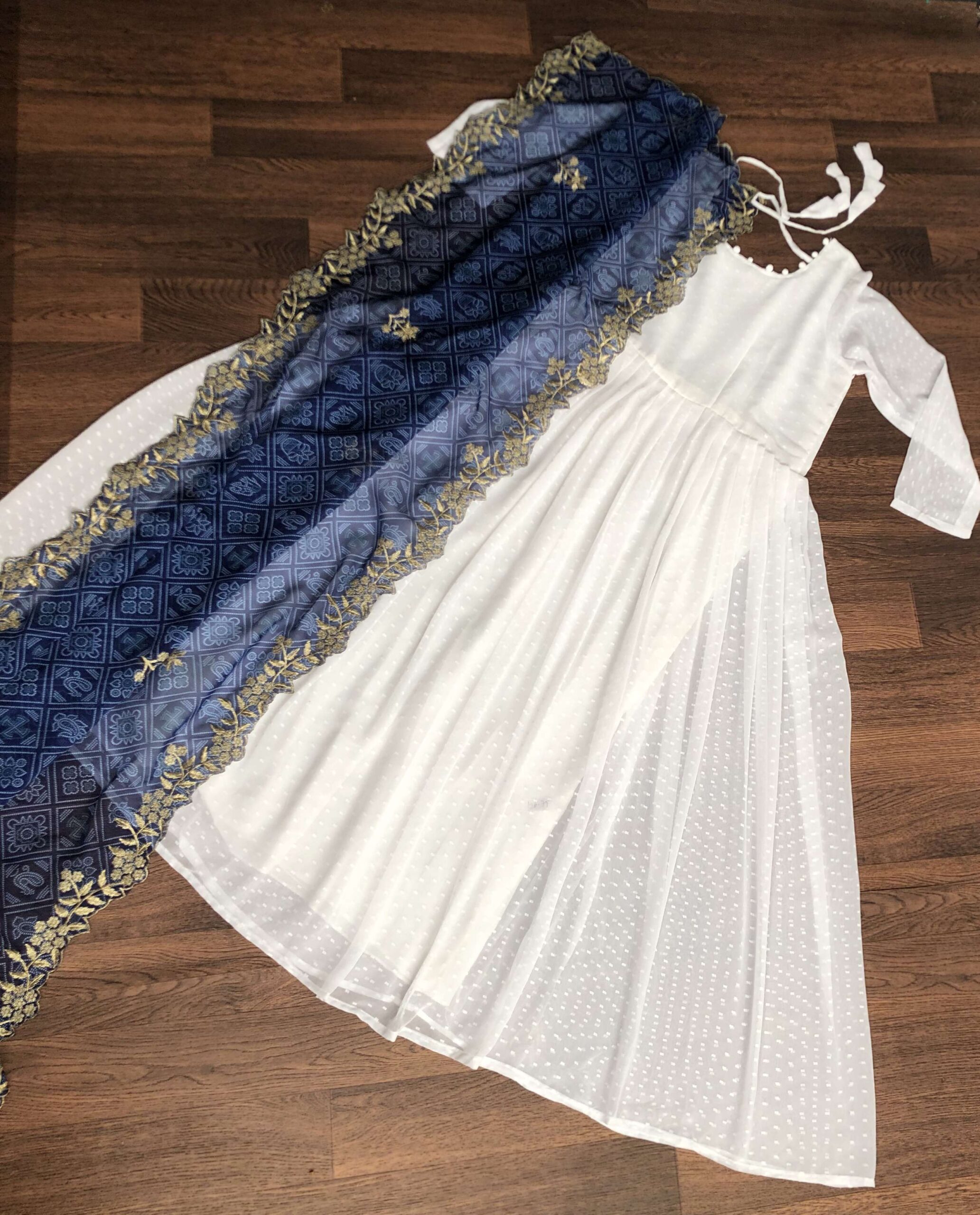 Elegant White And Blue Georgette Gown with Soft Organza Dupatta ? Premium Designer Ready-to-Wear Set - Image 3