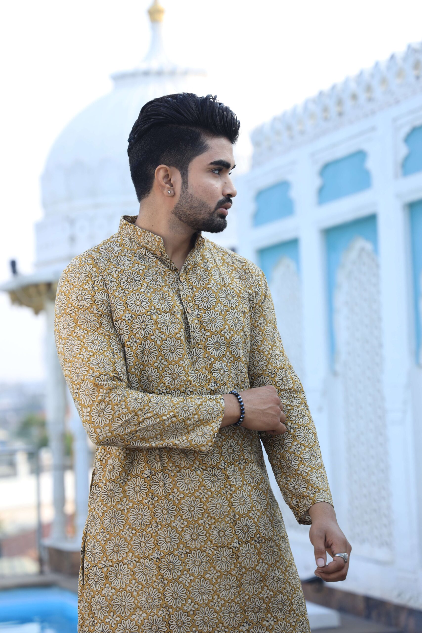 Mens Mustard Yellow Handblock Printed Cotton Kurta with White Pajama ? Traditional Festive Wear - Image 3