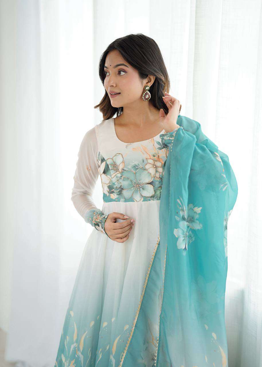 Womens Pure Romansilk Chanderi Floral Printed Anarkali Kurti With Dupatta & Pant Set - Image 4
