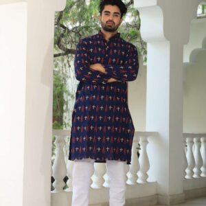 Mens Navy Blue Printed Cotton Kurta with White Pajama ? Stylish Ethnic Wear for Weddings & Festive Celebrations