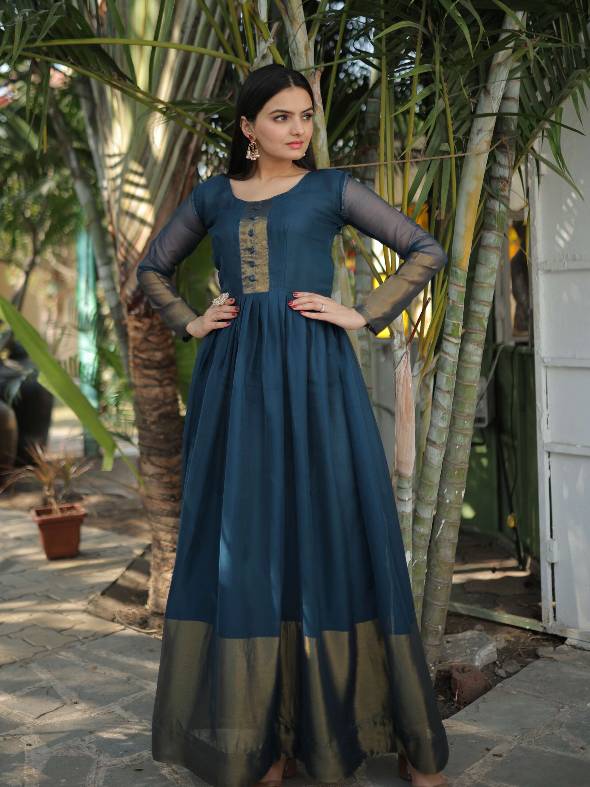 Rama Elegant Chiffon Designer Gown with Golden Zari Patta ? Premium Ready-to-Wear Dress - Image 2