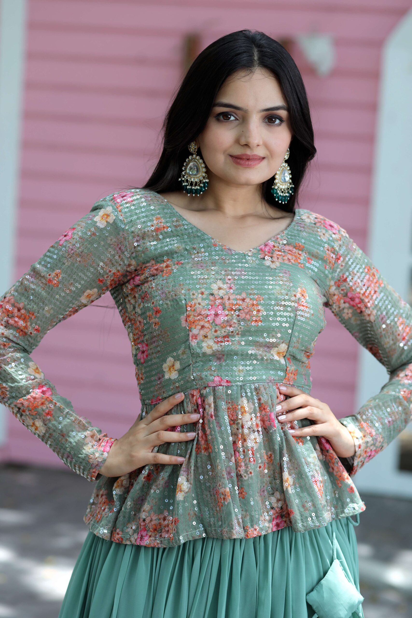 Premium Faux Georgette Lehenga with Floral Print & Sequins Embroidered Blouse - Image 6