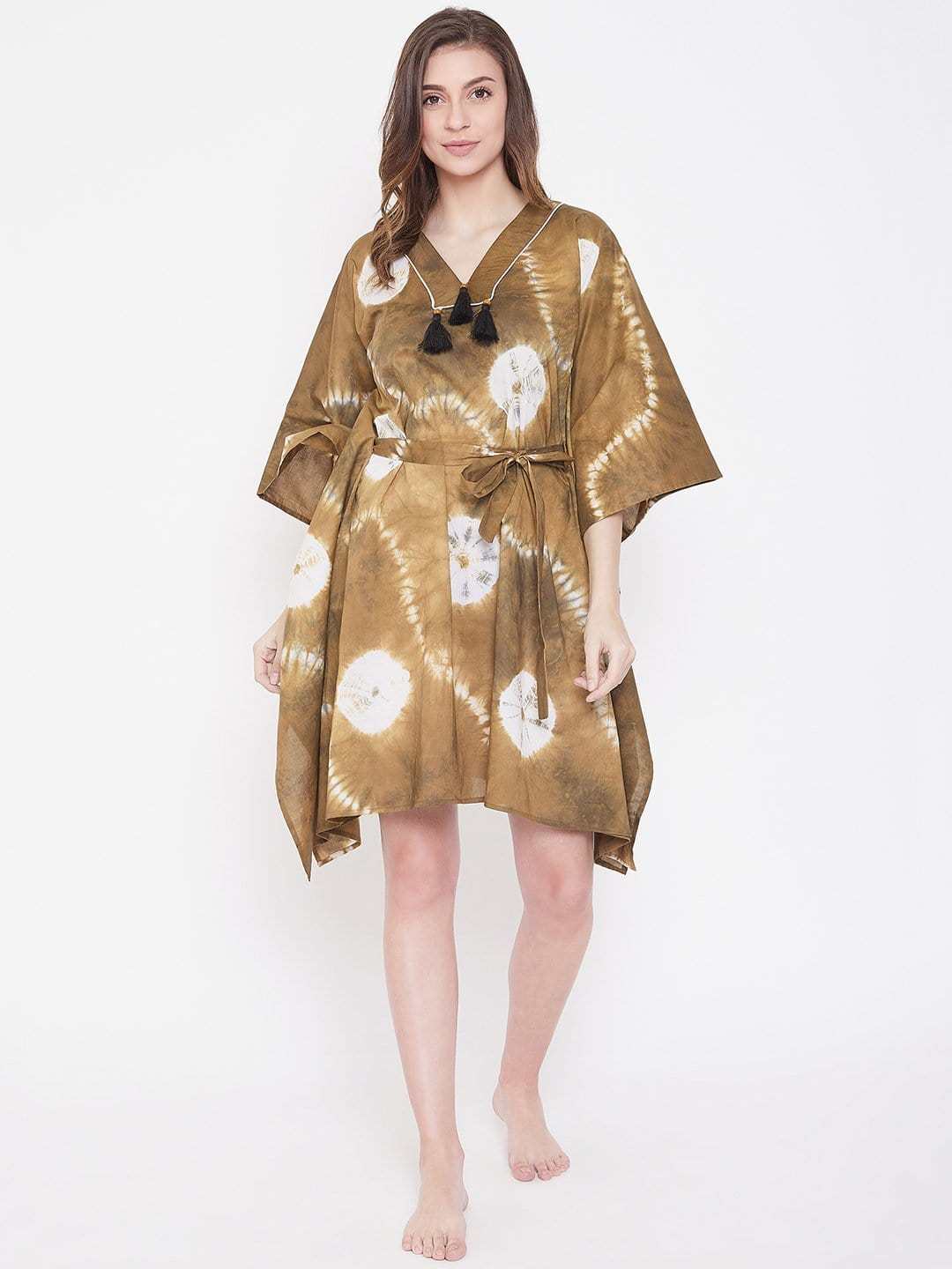 Women's Cotton Tie Dye Print Knee Length Kaftan Drees Beach Cover Up, Spring Casual Wear ( Brown ) - Image 3