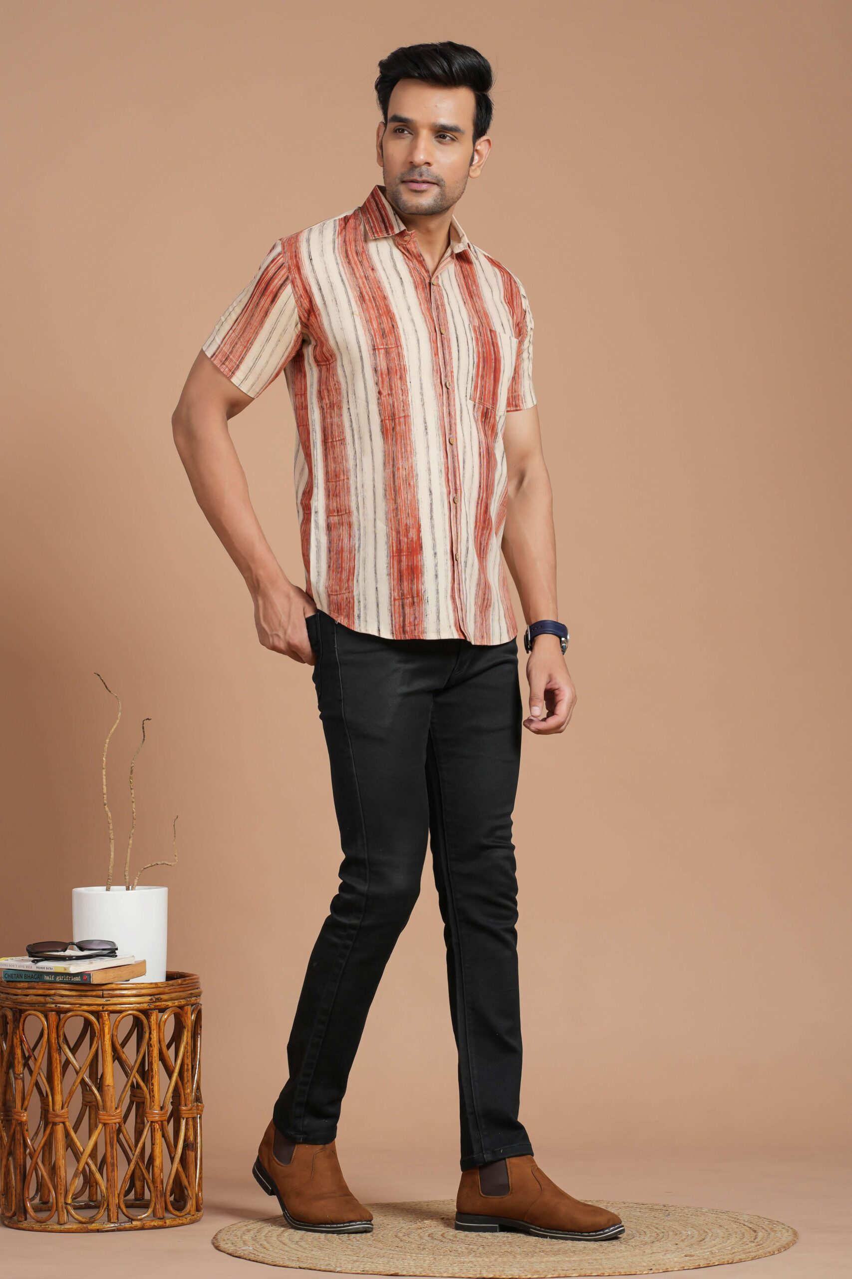 Men's Cotton Beige & Rust Striped Short-Sleeve Shirt ? Casual Summer Wear - Image 4