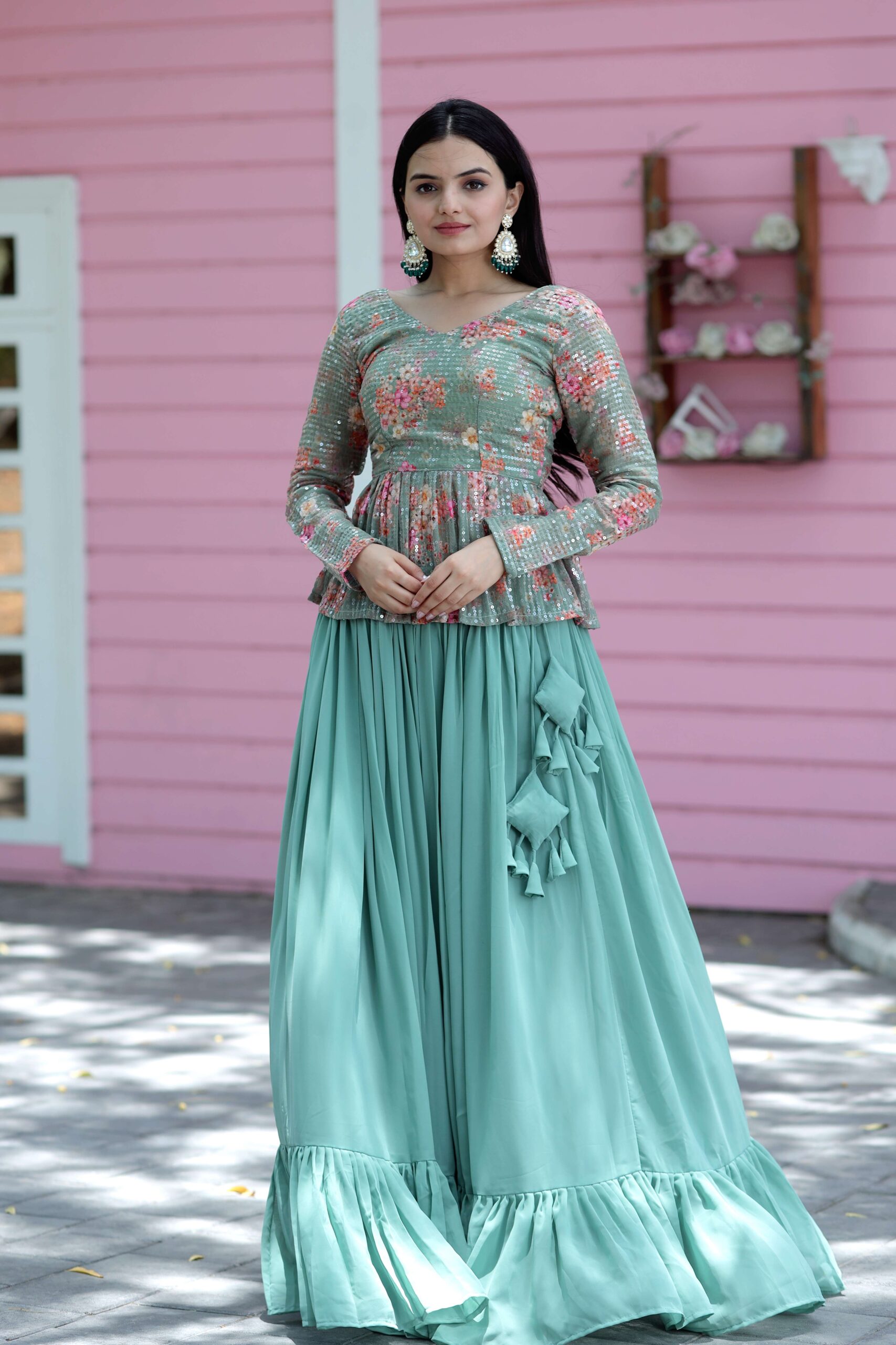 Premium Faux Georgette Lehenga with Floral Print & Sequins Embroidered Blouse - Image 2