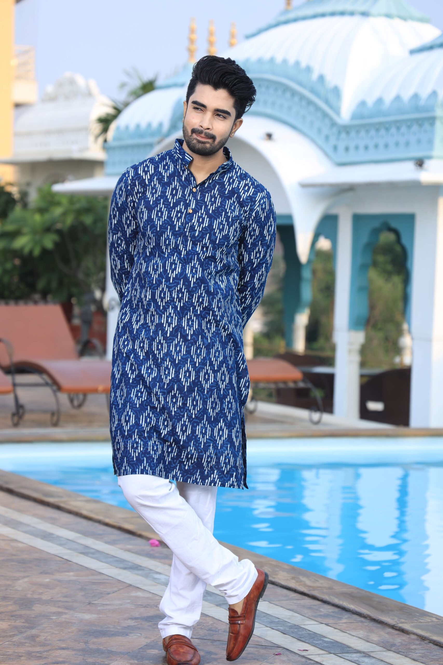 Mens Blue Printed Cotton Kurta with White Pajama ? Elegant Traditional & Ethnic Wear - Image 2