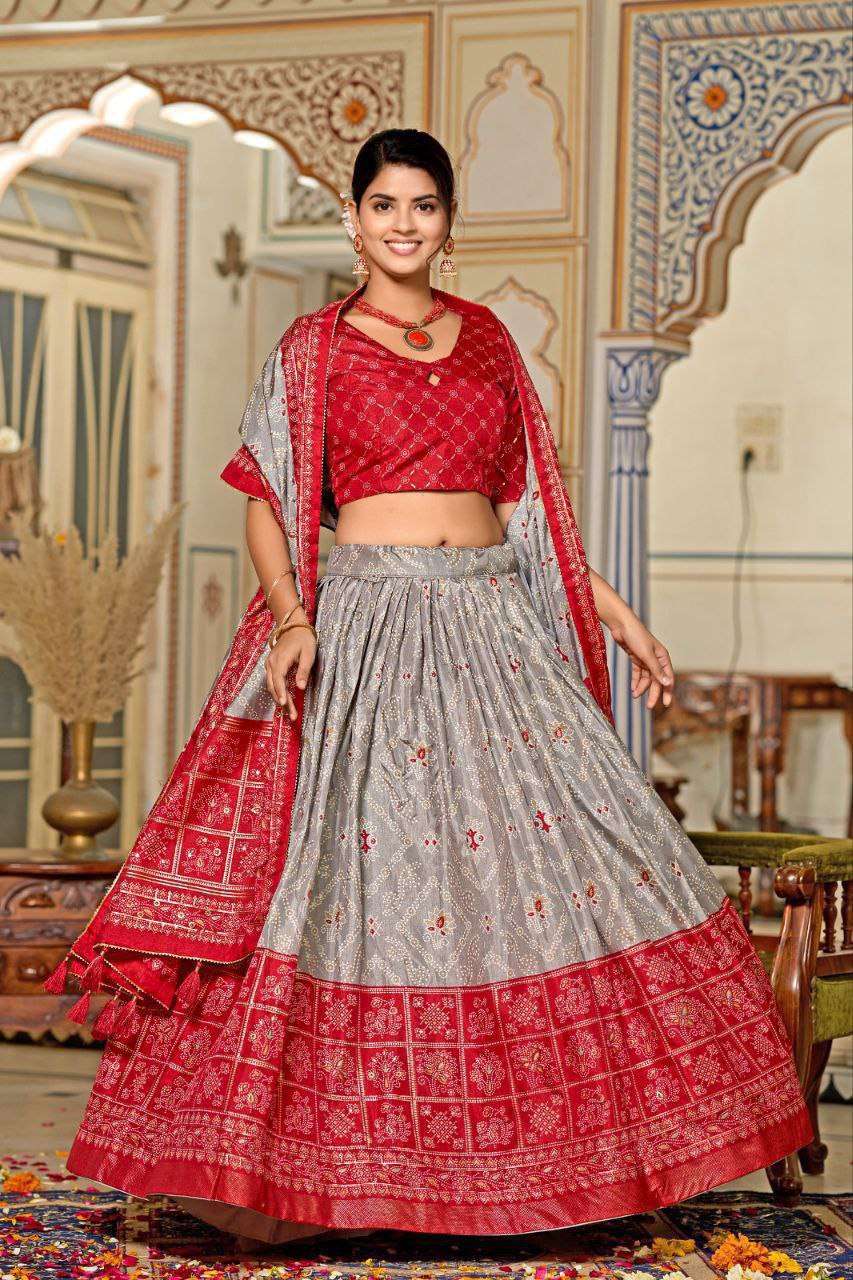 Grey Dola Silk Lehenga Choli with Red Blouse & Minakari Foil Print | Wedding & Party Wear