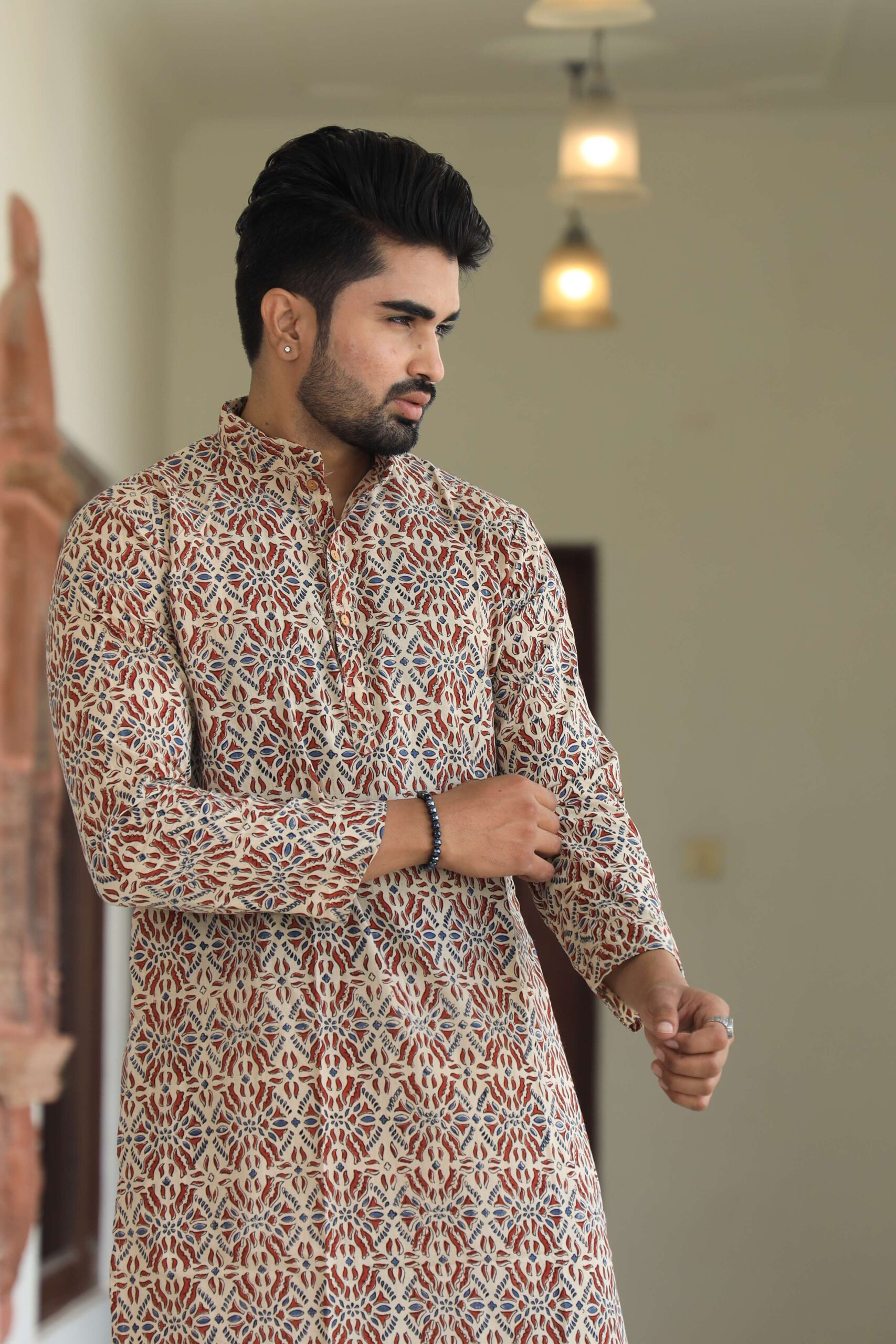 Mens Beige Multicolor Printed Cotton Kurta with White Pajama ? Traditional Ethnic Wear for Festive & Wedding - Image 5