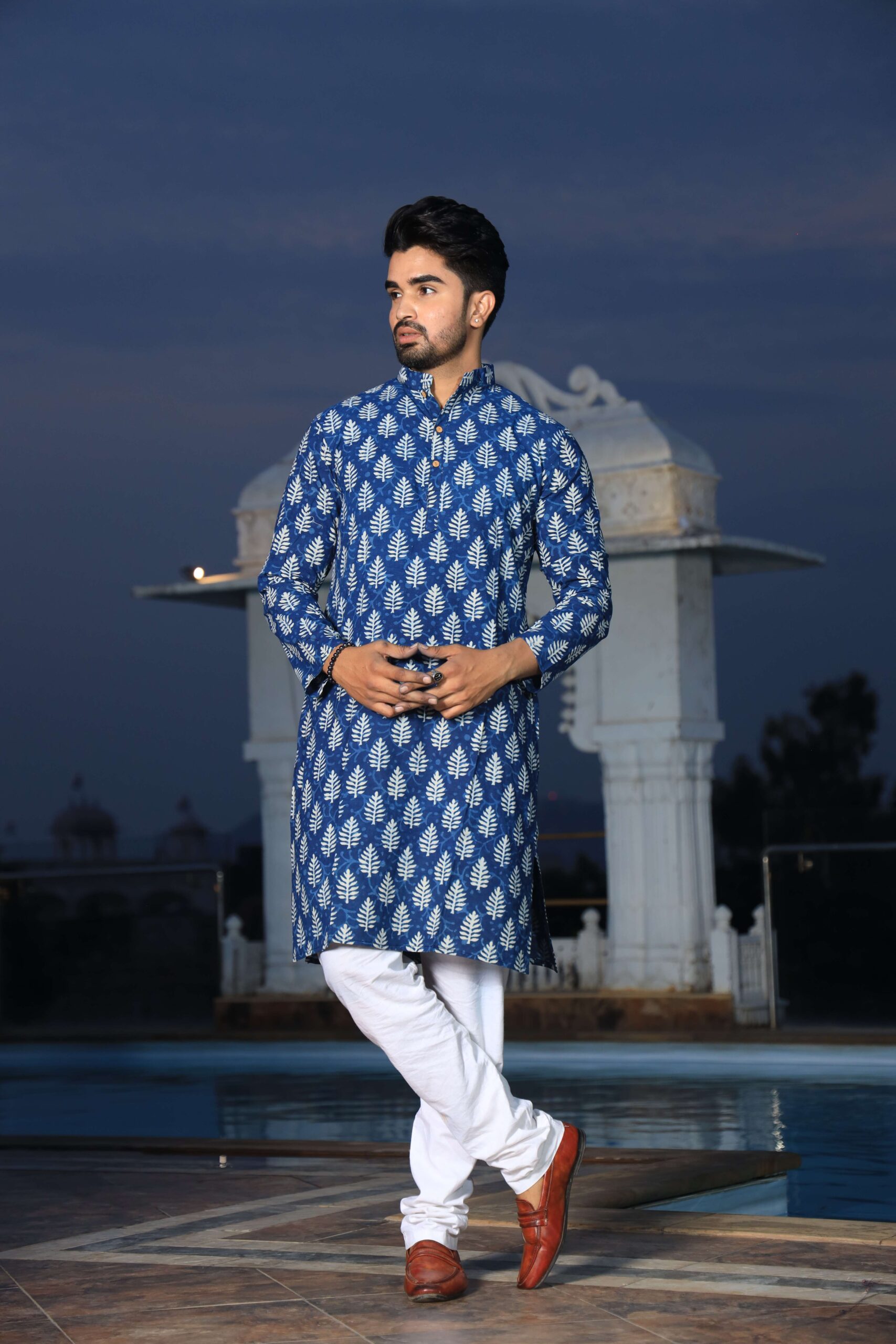 Mens Blue Printed Cotton Kurta with White Pajama ? Elegant Traditional & Ethnic Wear