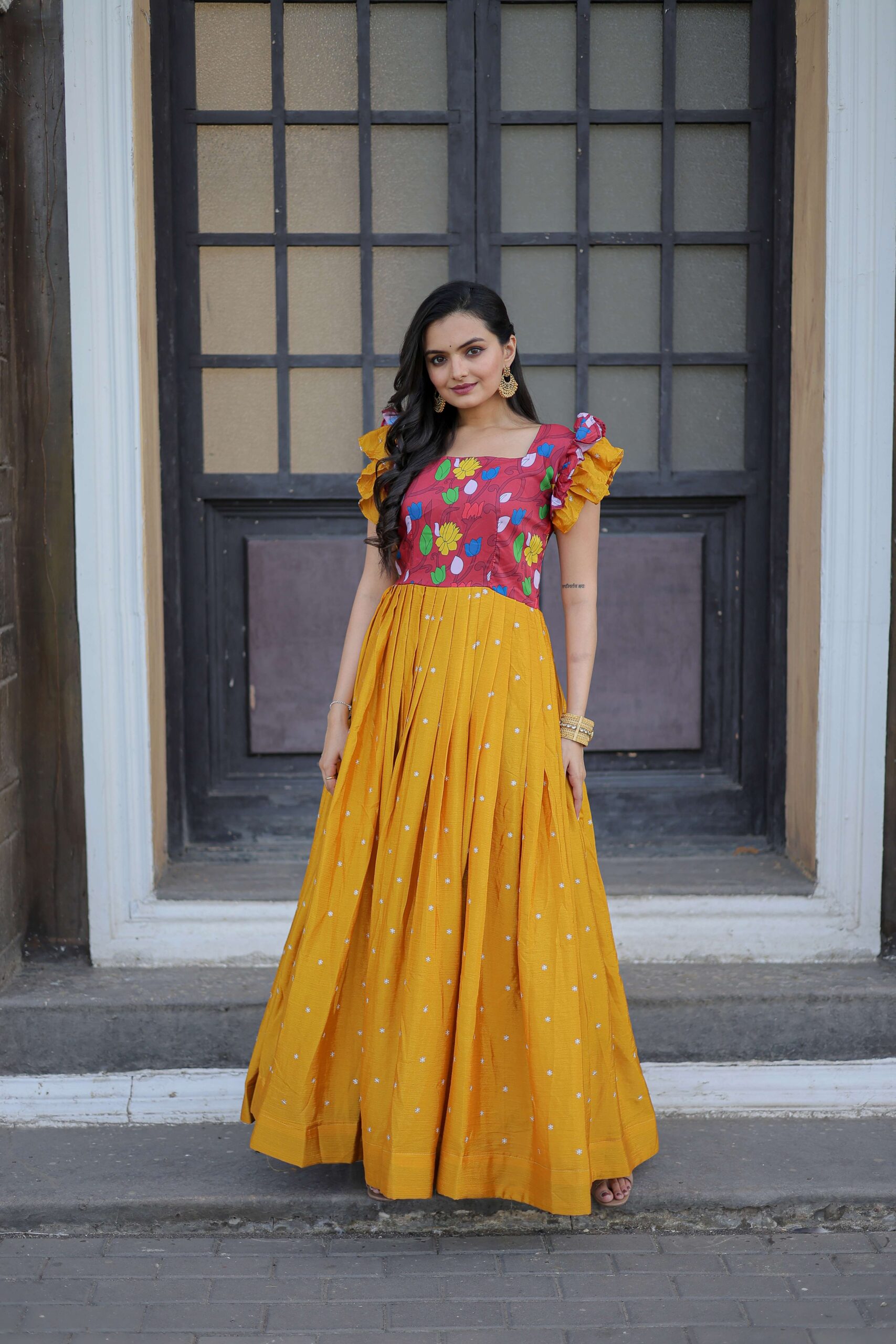 Yellow Maslin & Chinon Designer Gown with Embroidery ? Elegant Ready-to-Wear Women?s Dress