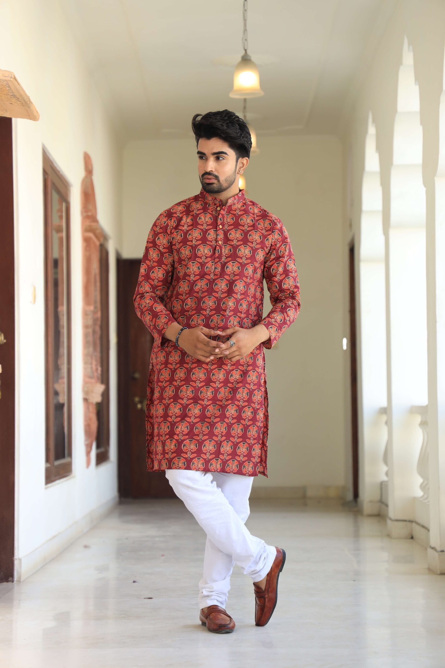 Mens Red Printed Cotton Kurta with White Pajama ? Ethnic Wear for Weddings & Festivals
