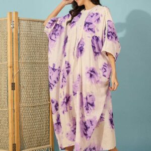 Women's Cotton Tie Dye Print Full Length Kaftan Drees Beach Cover Up, Spring Casual Wear ( Brown )