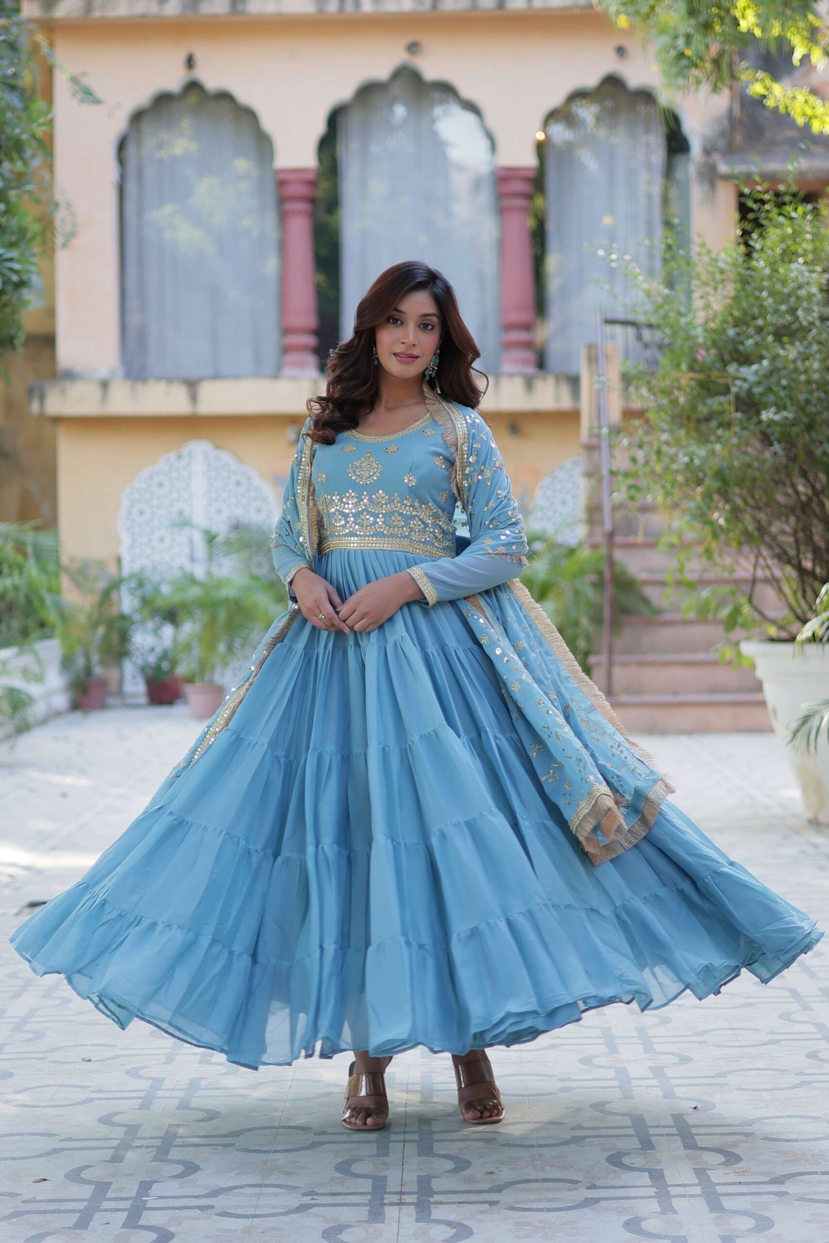Sky Star Georgette Fully Flared Gown with Sequins Embroidered Dupatta & Lace Border - Image 3