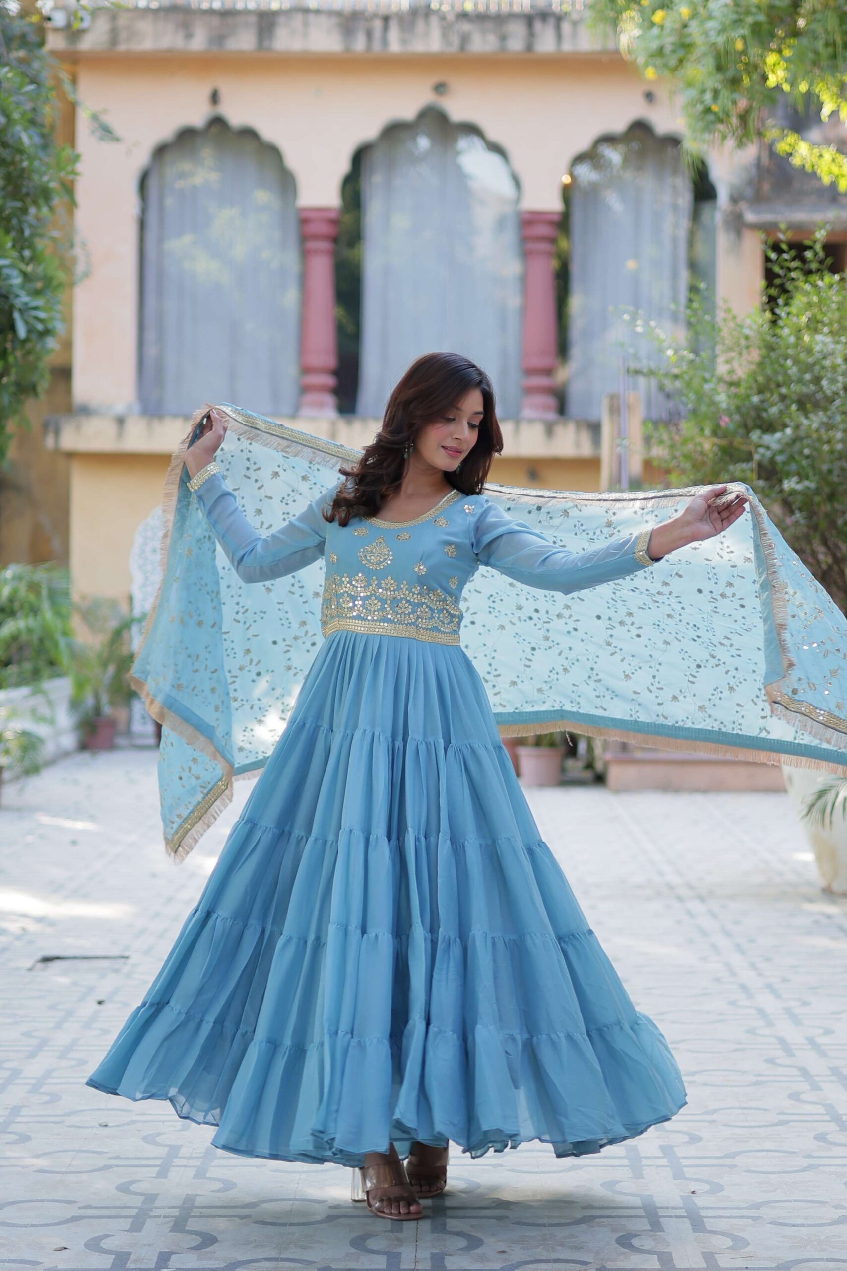 Sky Star Georgette Fully Flared Gown with Sequins Embroidered Dupatta & Lace Border - Image 5