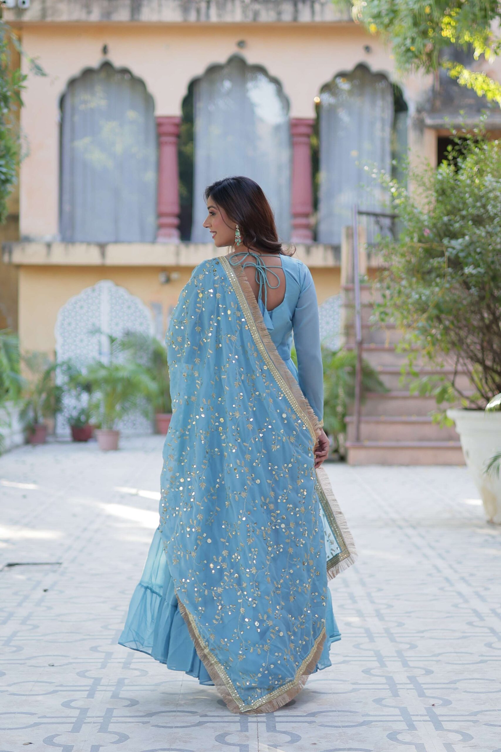 Sky Star Georgette Fully Flared Gown with Sequins Embroidered Dupatta & Lace Border - Image 4