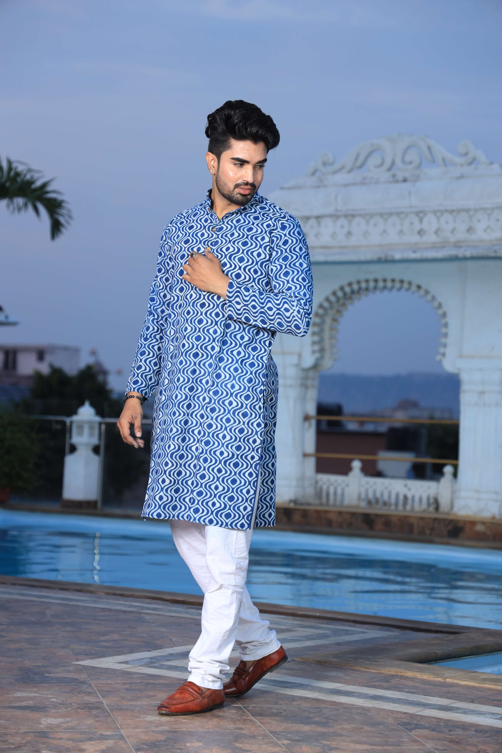 Mens Blue Printed Cotton Kurta with White Pajama ? Elegant Traditional & Ethnic Wear - Image 5