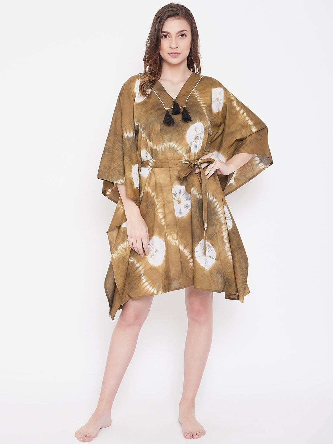 Women's Cotton Tie Dye Print Knee Length Kaftan Drees Beach Cover Up, Spring Casual Wear ( Brown ) - Image 2