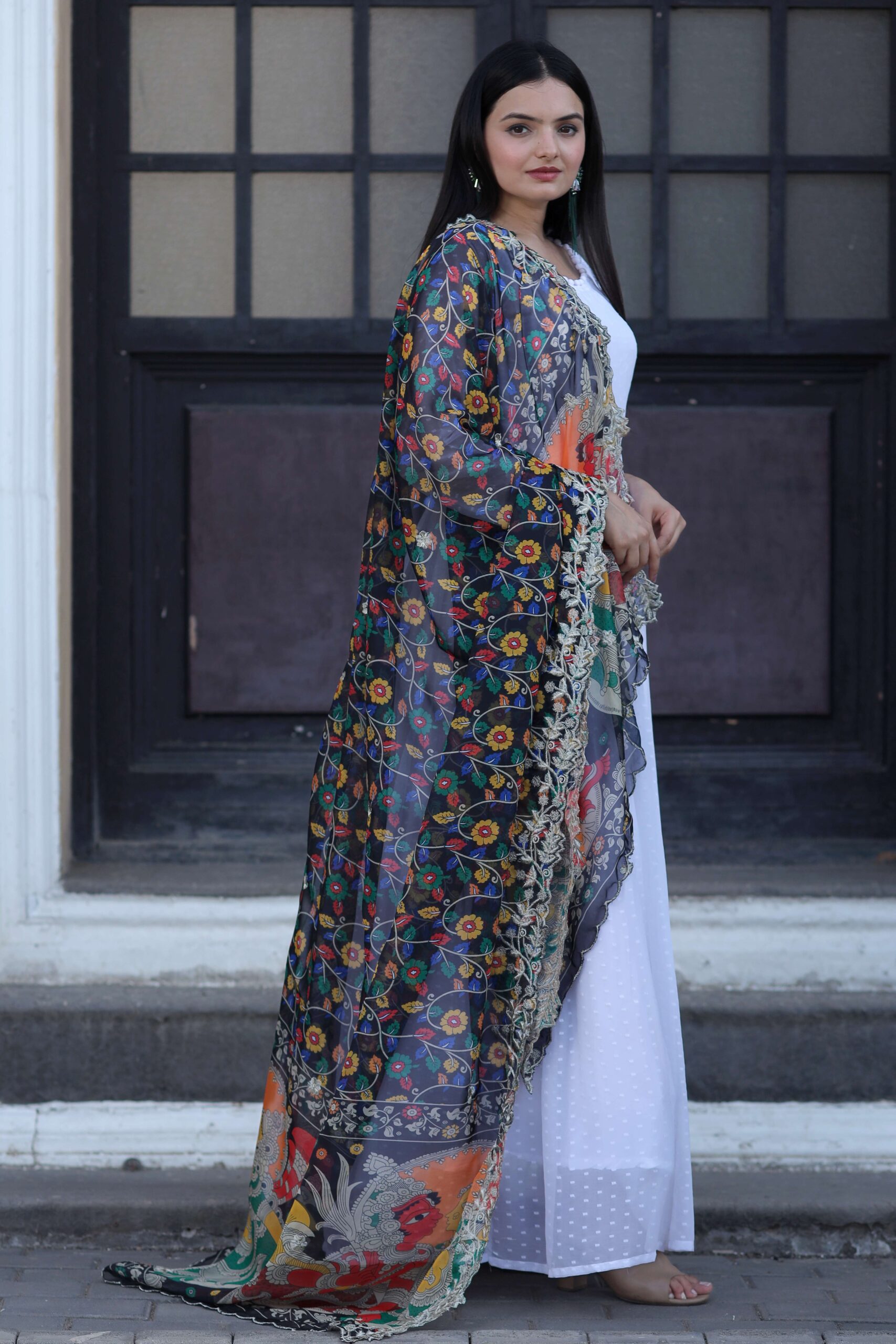 Elegant Black Georgette Gown with Organza Dupatta ? Designer Kalamkari & Leheriya Print Ensemble - Image 2