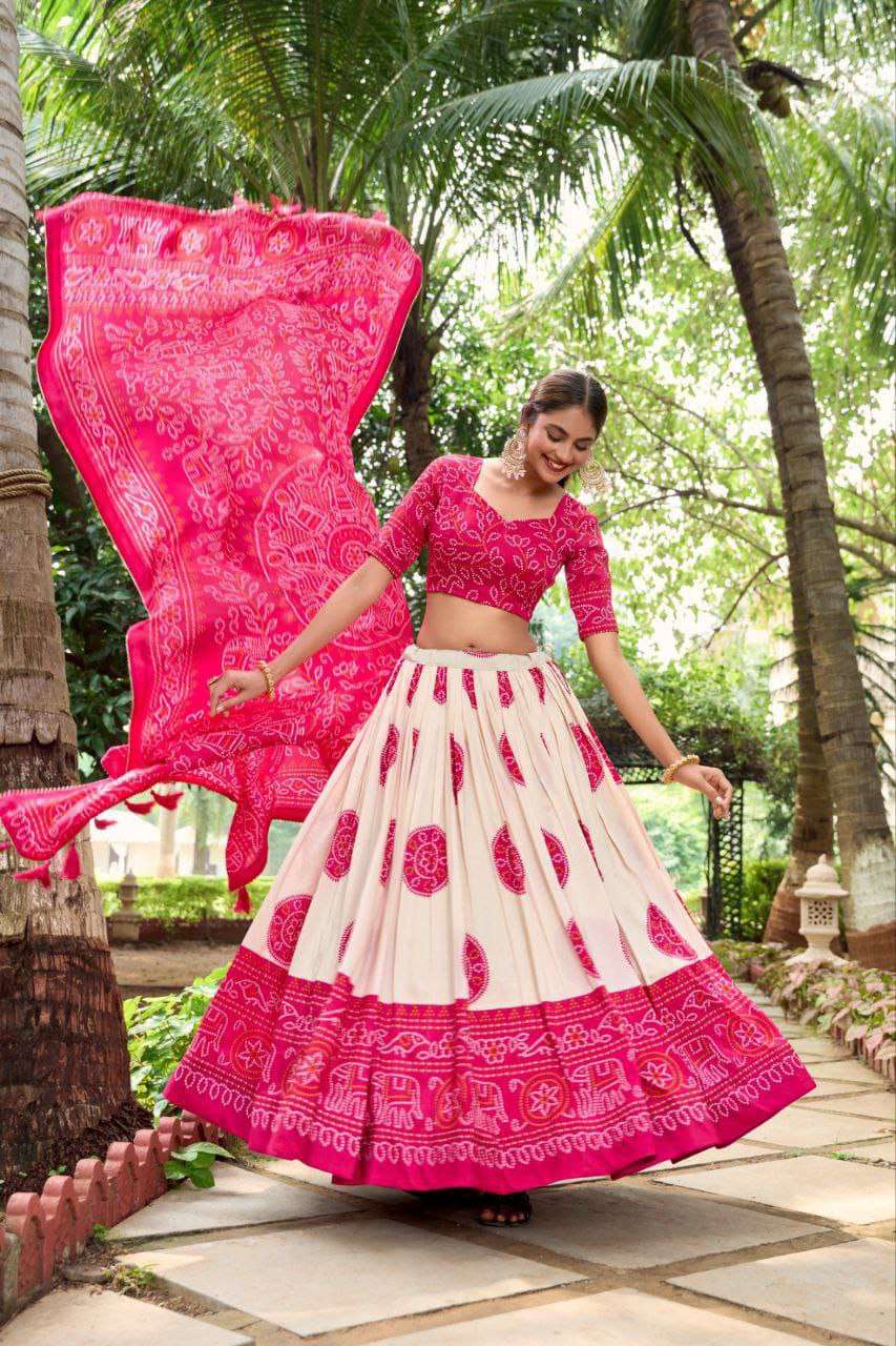 White Dola Silk Lehenga Choli with Pink Blouse | Bandhej & Patola Print | Wedding & Festive Wear - Image 4