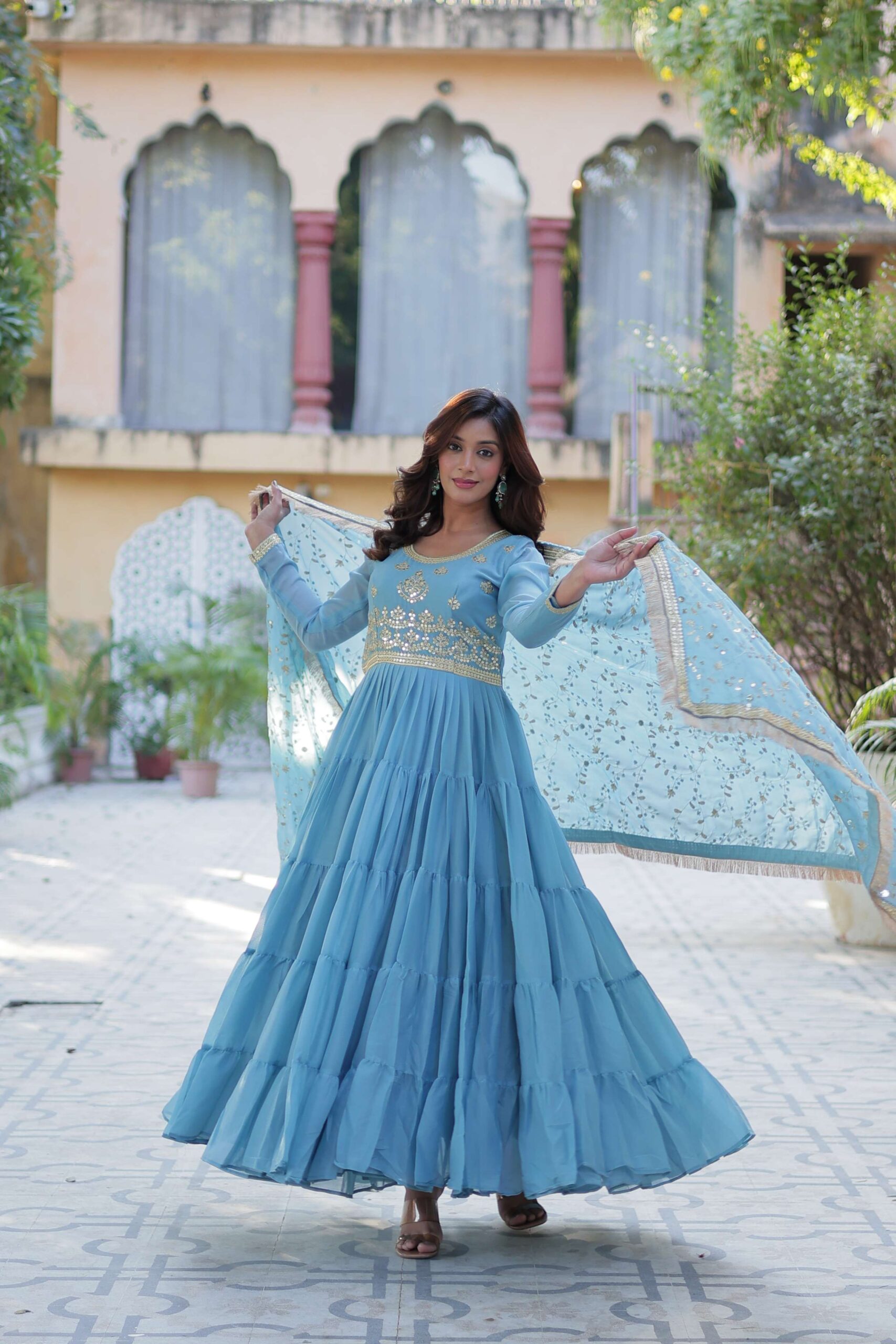 Sky Star Georgette Fully Flared Gown with Sequins Embroidered Dupatta & Lace Border - Image 6