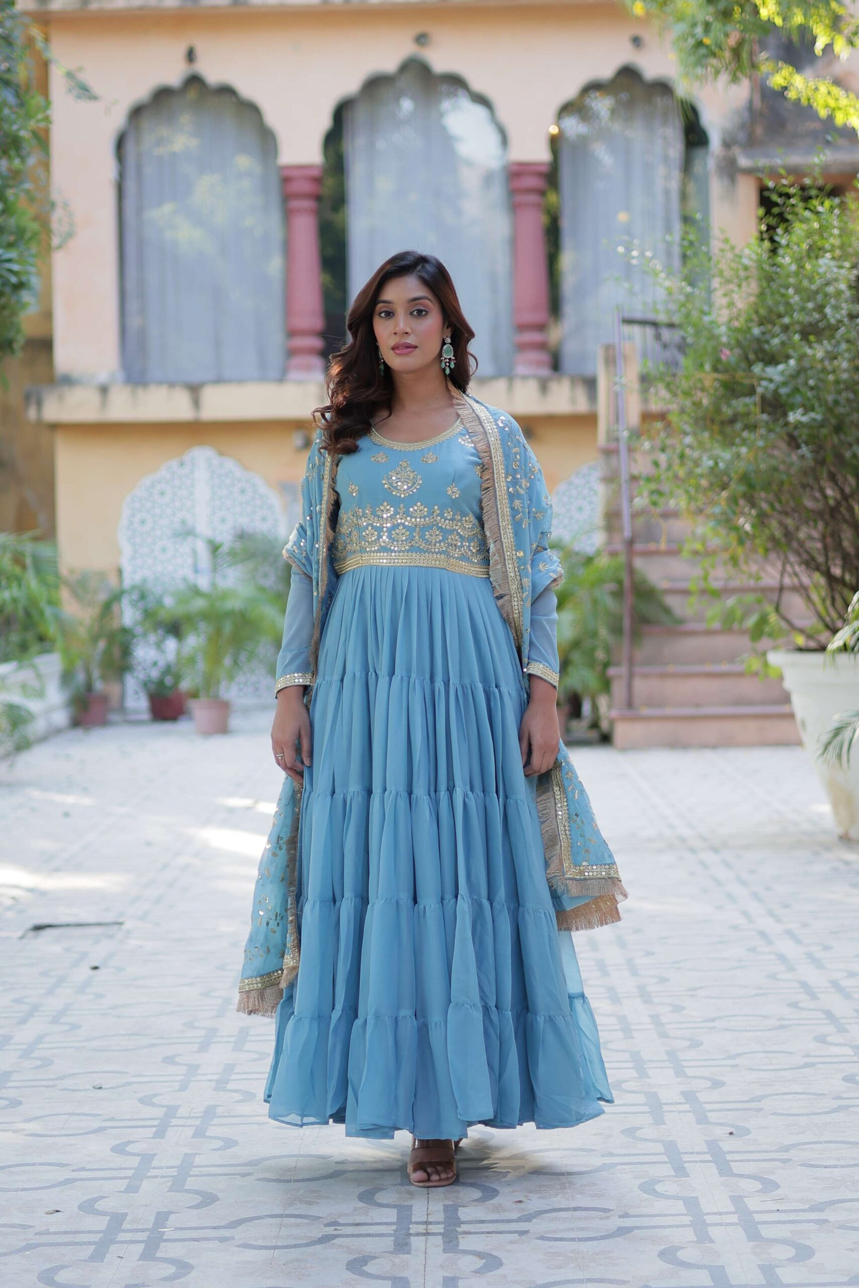 Sky Star Georgette Fully Flared Gown with Sequins Embroidered Dupatta & Lace Border - Image 2