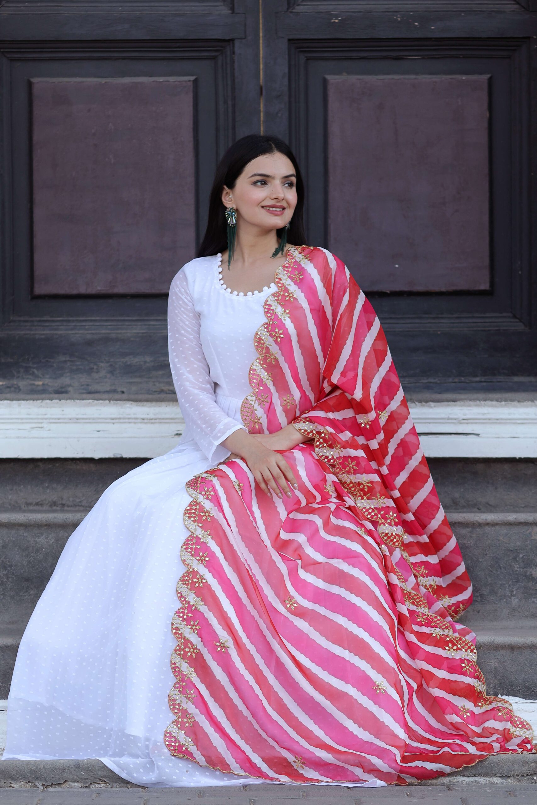 Elegant Pink Georgette Gown with Organza Dupatta ? Designer Kalamkari & Leheriya Print Ensemble - Image 4