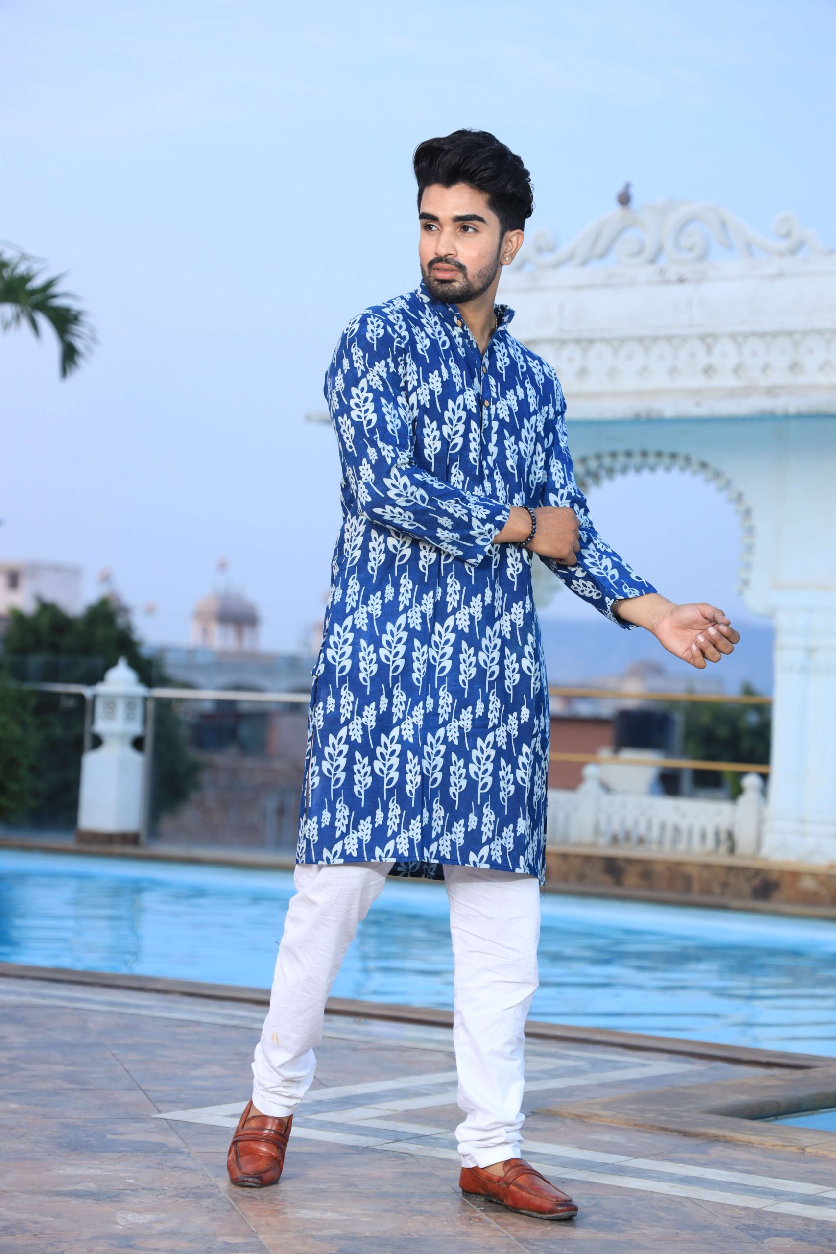 Mens Blue Printed Cotton Kurta with White Pajama ? Elegant Traditional & Ethnic Wear - Image 2