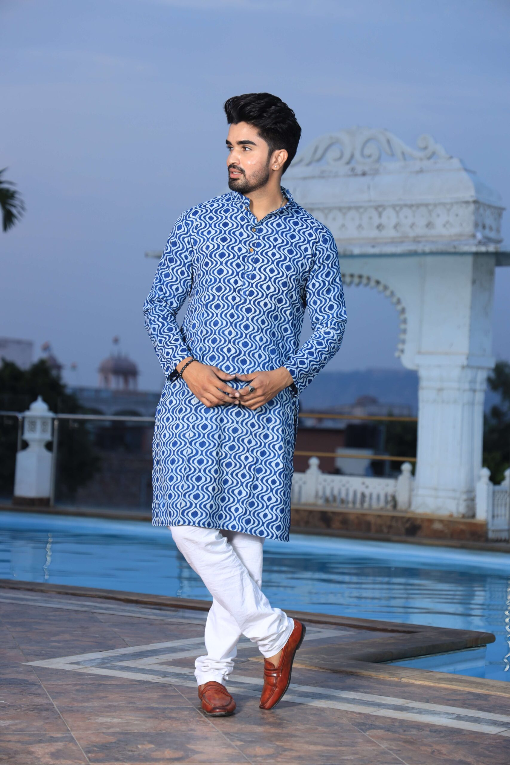 Mens Blue Printed Cotton Kurta with White Pajama ? Elegant Traditional & Ethnic Wear - Image 4